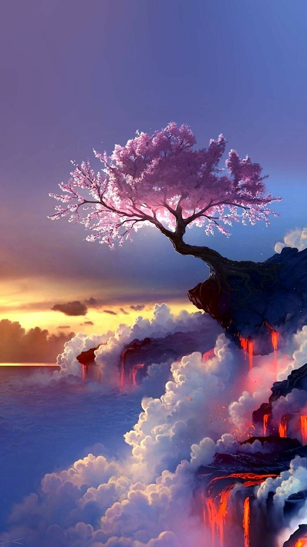 Cherry blossom tree, Lava cliff edge, Sunset ocean clouds Cherry blossom tree, Lava cliff edge, Sunset ocean clouds — 1080×1920 HD wallpaper