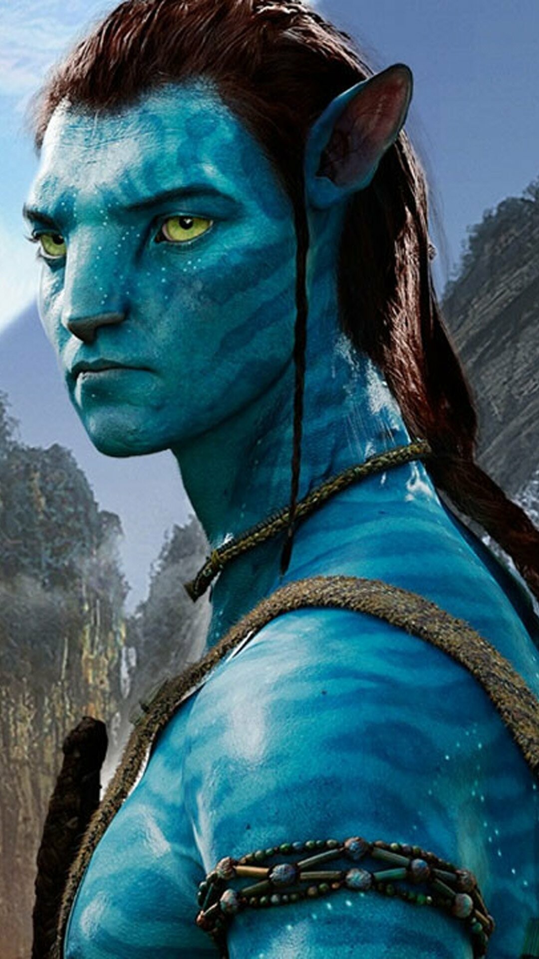 Jake Sully avatar, Na'vi male portrait, Floating mountains backdrop — 1080×1920 HD wallpaper