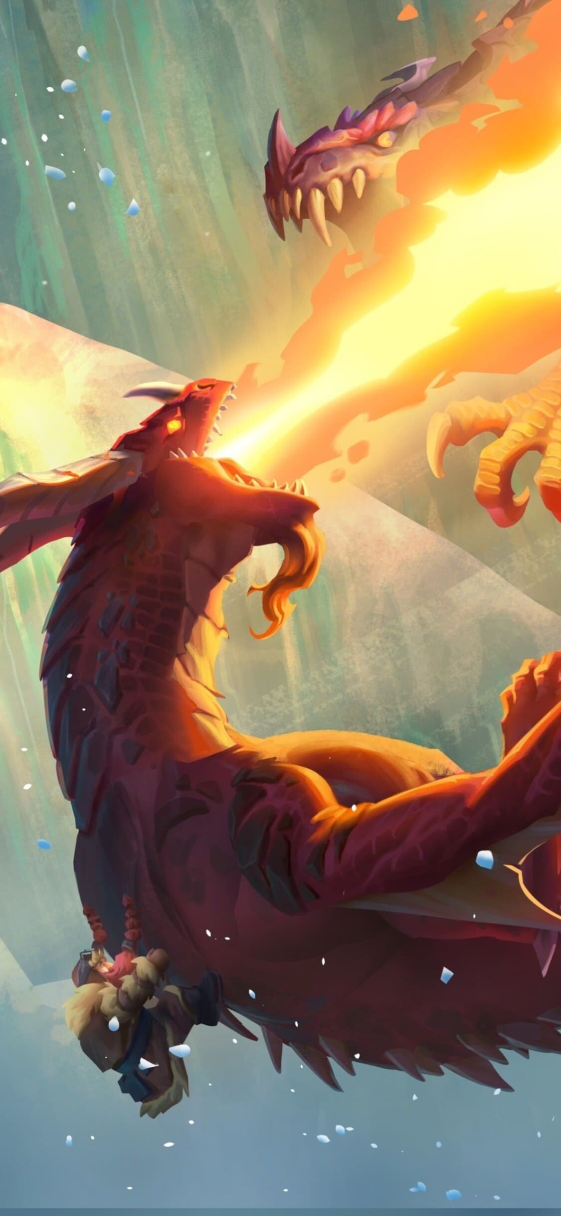 Red dragon breathing fire, Purple dragon adversary, Fiery beam clash Red dragon breathing fire, Purple dragon adversary, Fiery beam clash — 1125×2436 HD wallpaper
