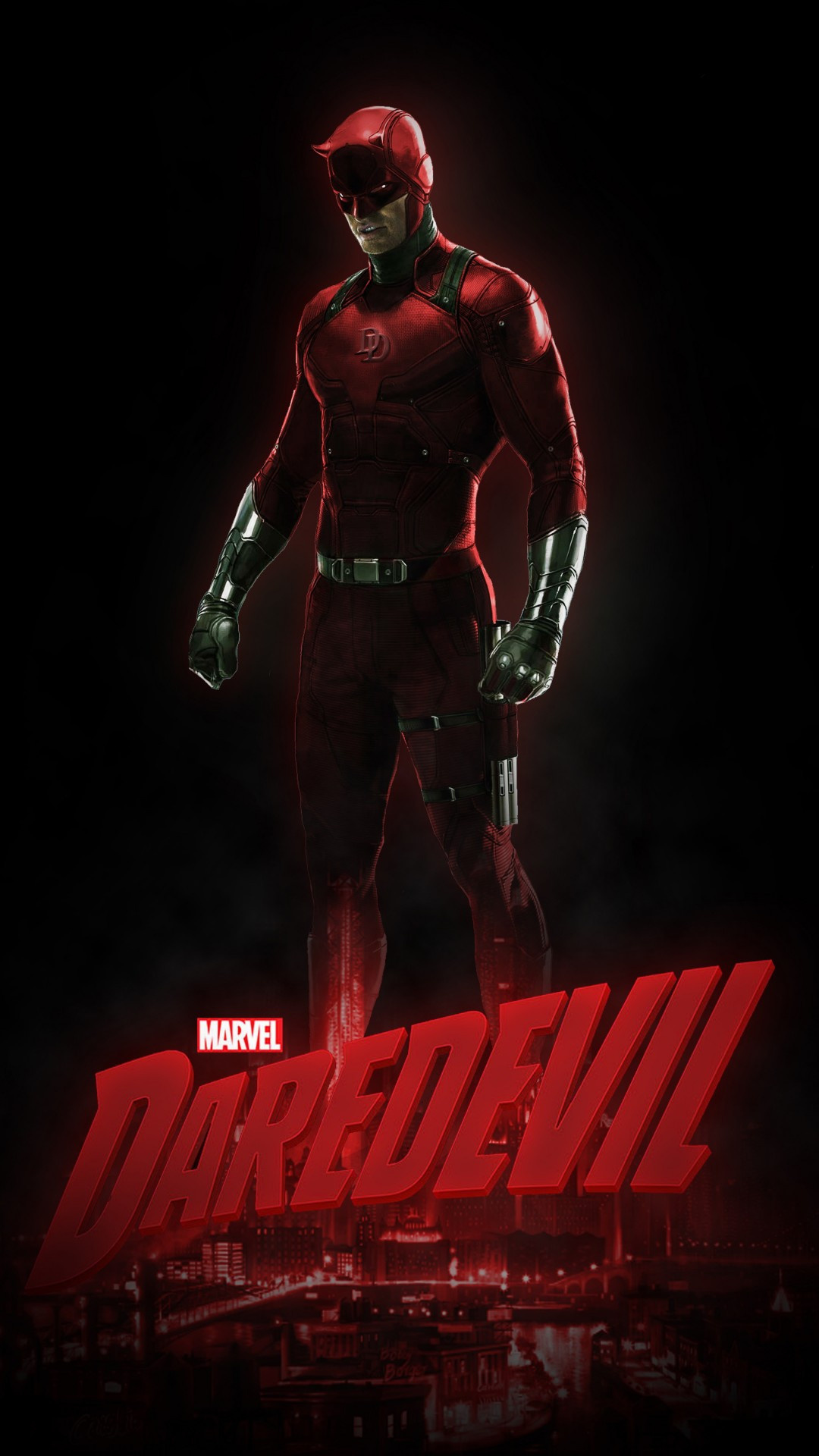 Daredevil red suit, Marvel Daredevil logo, Hell's Kitchen skyline Daredevil red suit, Marvel Daredevil logo, Hell's Kitchen skyline — 1080×1920 HD wallpaper