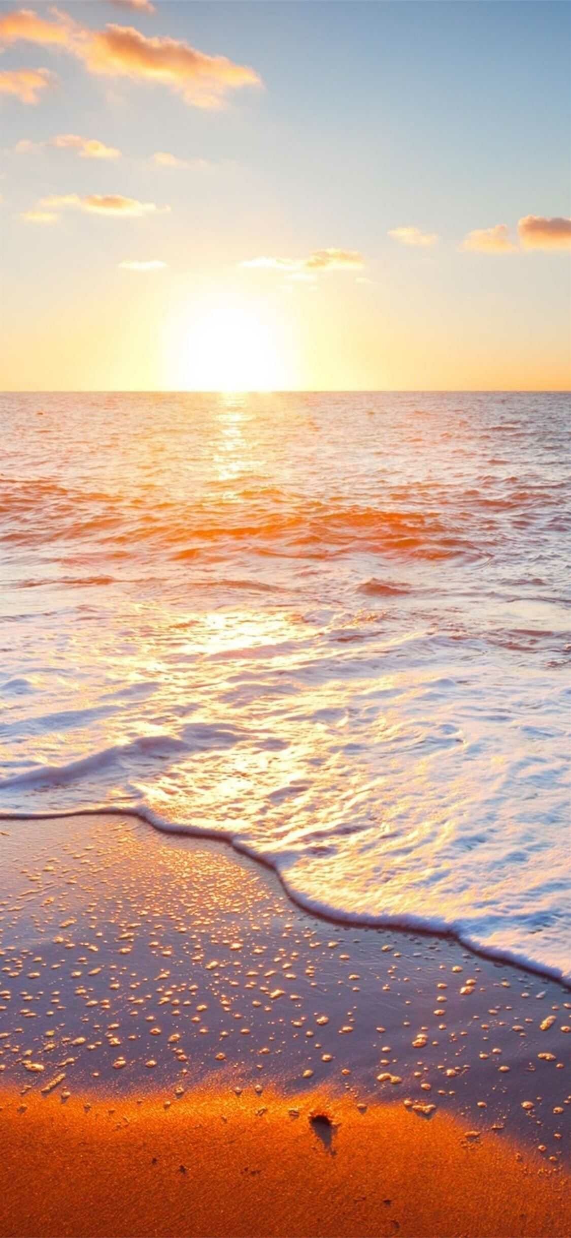Sun over ocean horizon, Foamy wave on sandy beach, Golden reflected sunlight Sun over ocean horizon, Foamy wave on sandy beach, Golden reflected sunlight — 1125×2436 HD wallpaper