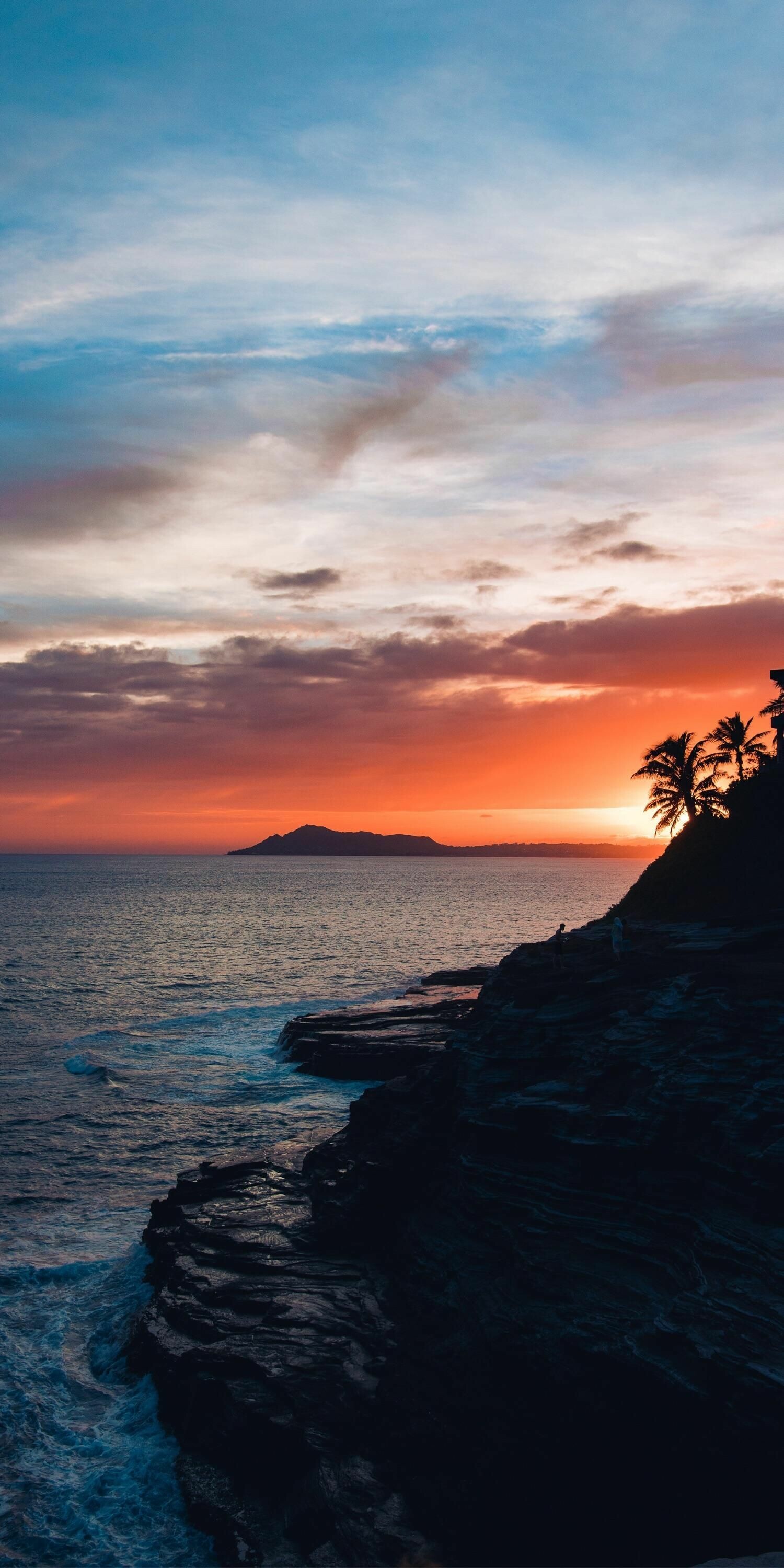 Ocean sunset horizon, Rocky coastal cliff, Silhouetted palm trees, Distant island silhouette Ocean sunset horizon, Rocky coastal cliff, Silhouetted palm trees, Distant island silhouette — 1500×3000 HD wallpaper