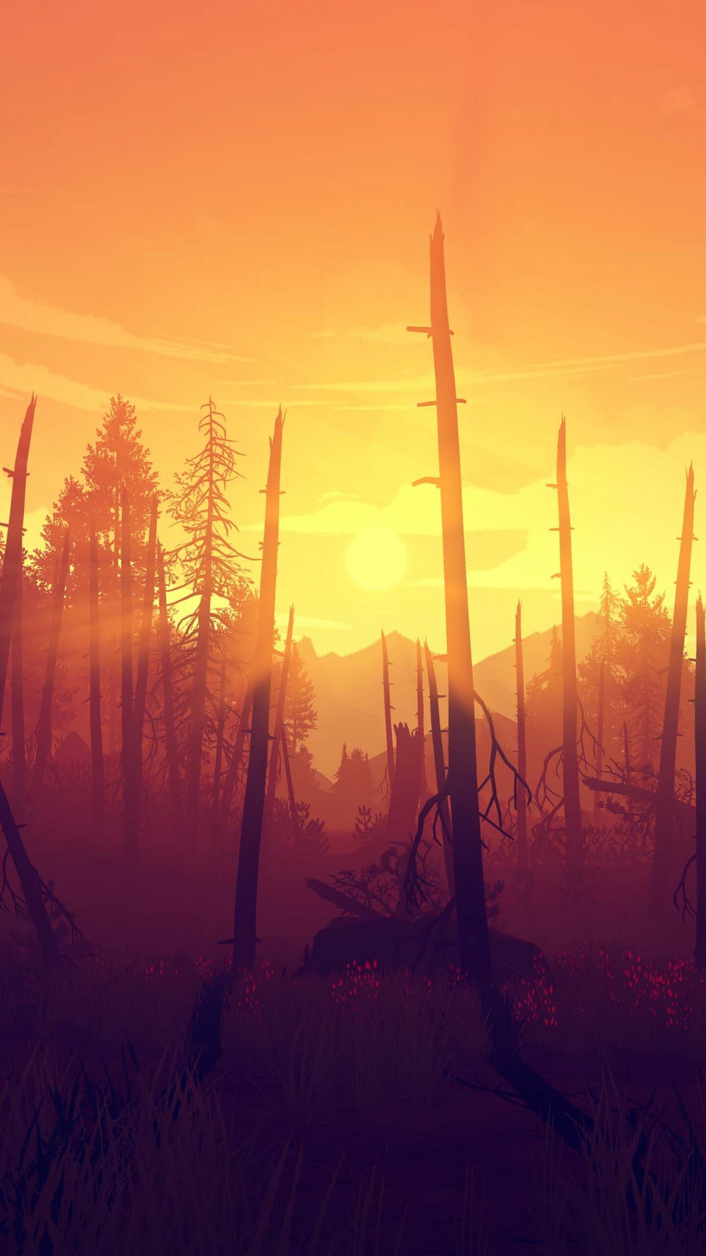 Firewatch burnt forest, Backlit dead tree trunks, Orange sunset haze Firewatch burnt forest, Backlit dead tree trunks, Orange sunset haze — 1440×2560 HD wallpaper