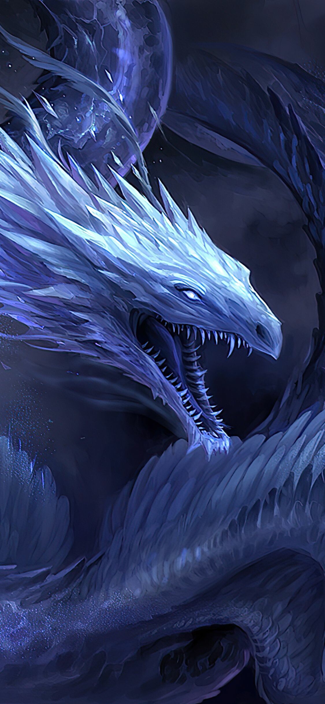 Blue ice dragon, Full moon backdrop, Blue tones Blue ice dragon, Full moon backdrop, Blue tones — 1125×2436 mobile wallpaper