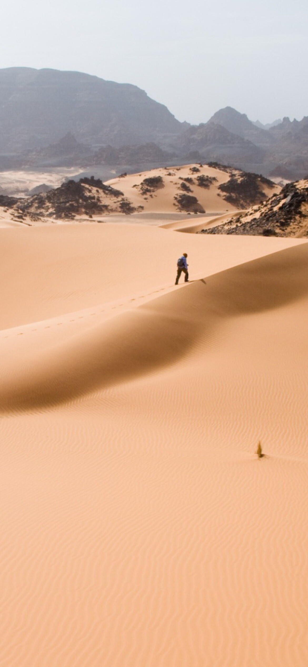 Lone hiker on dune, Sahara sand dunes, Rocky desert mountains Lone hiker on dune, Sahara sand dunes, Rocky desert mountains — 1170×2532 HD wallpaper