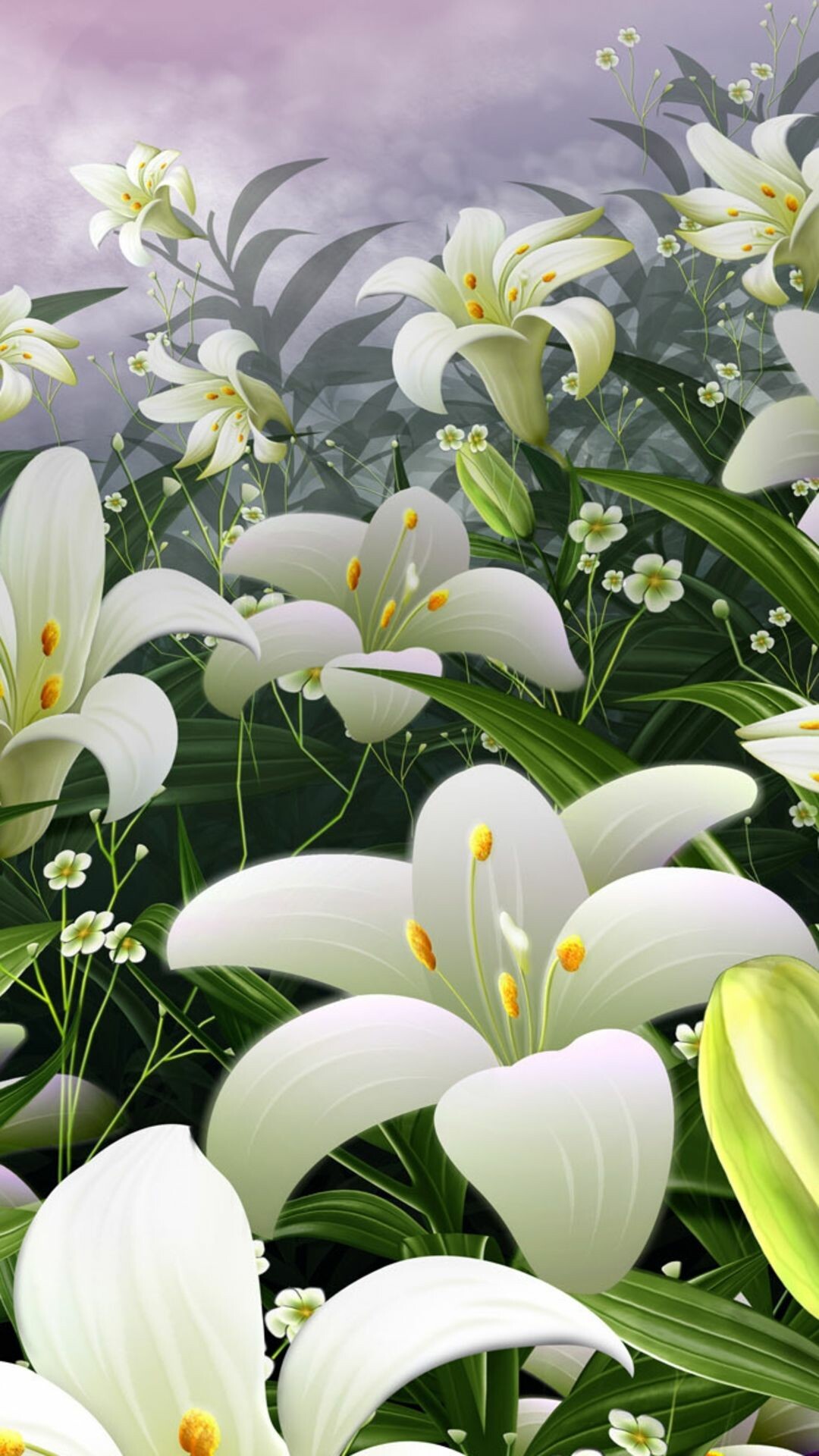 White Easter lilies, Small white baby's breath, Green foliage stems, Purple cloudy sky White Easter lilies, Small white baby's breath, Green foliage stems, Purple cloudy sky — 1080×1920 HD wallpaper