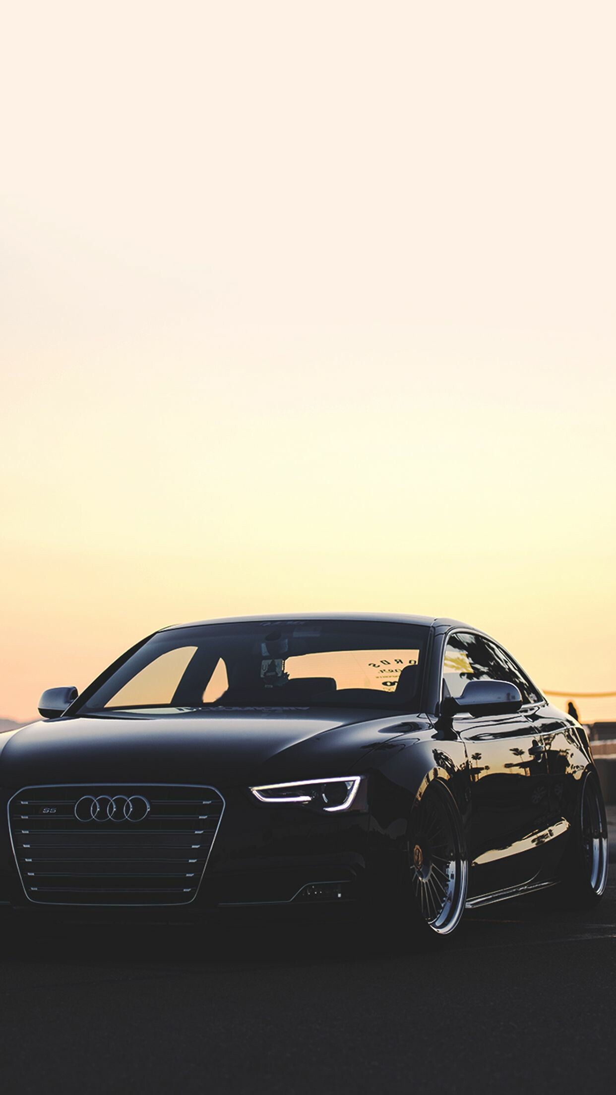 Black Audi S5, Stanced polished wheels, Hazy sunset silhouette Black Audi S5, Stanced polished wheels, Hazy sunset silhouette — 1242×2208 HD wallpaper