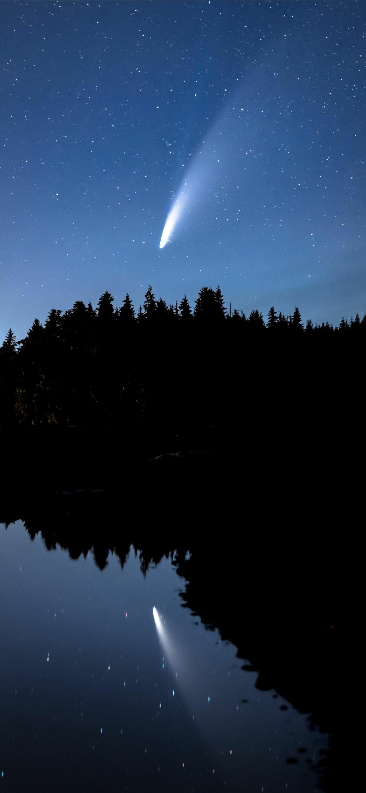 Comet NEOWISE tail, Silhouetted pine forest, Starry lake reflection Comet NEOWISE tail, Silhouetted pine forest, Starry lake reflection — 1284×2778 HD wallpaper