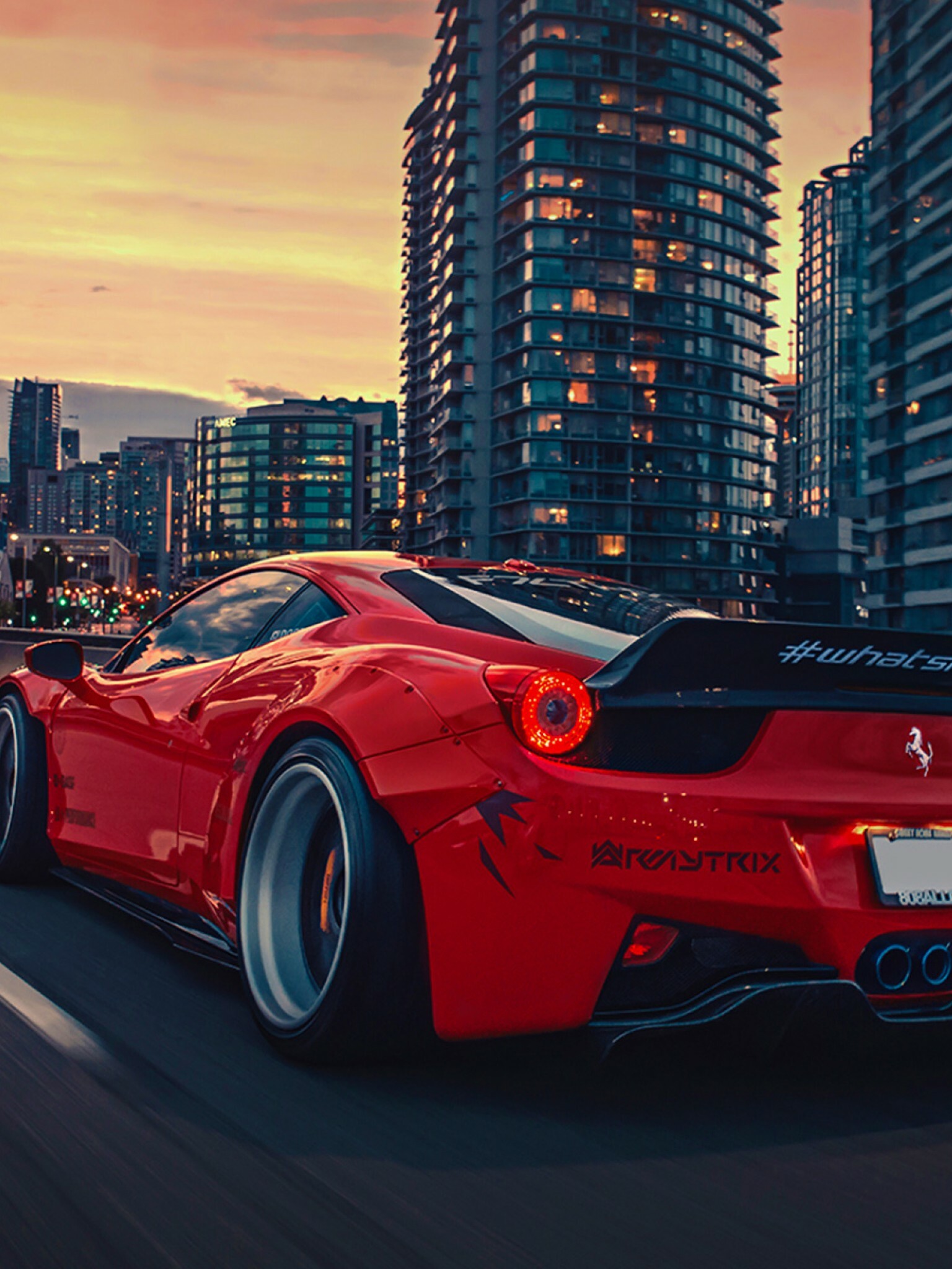 Liberty Walk 458 Italia, Widebody rear wing, Sunset city skyline Liberty Walk 458 Italia, Widebody rear wing, Sunset city skyline — 1536×2048 HD wallpaper