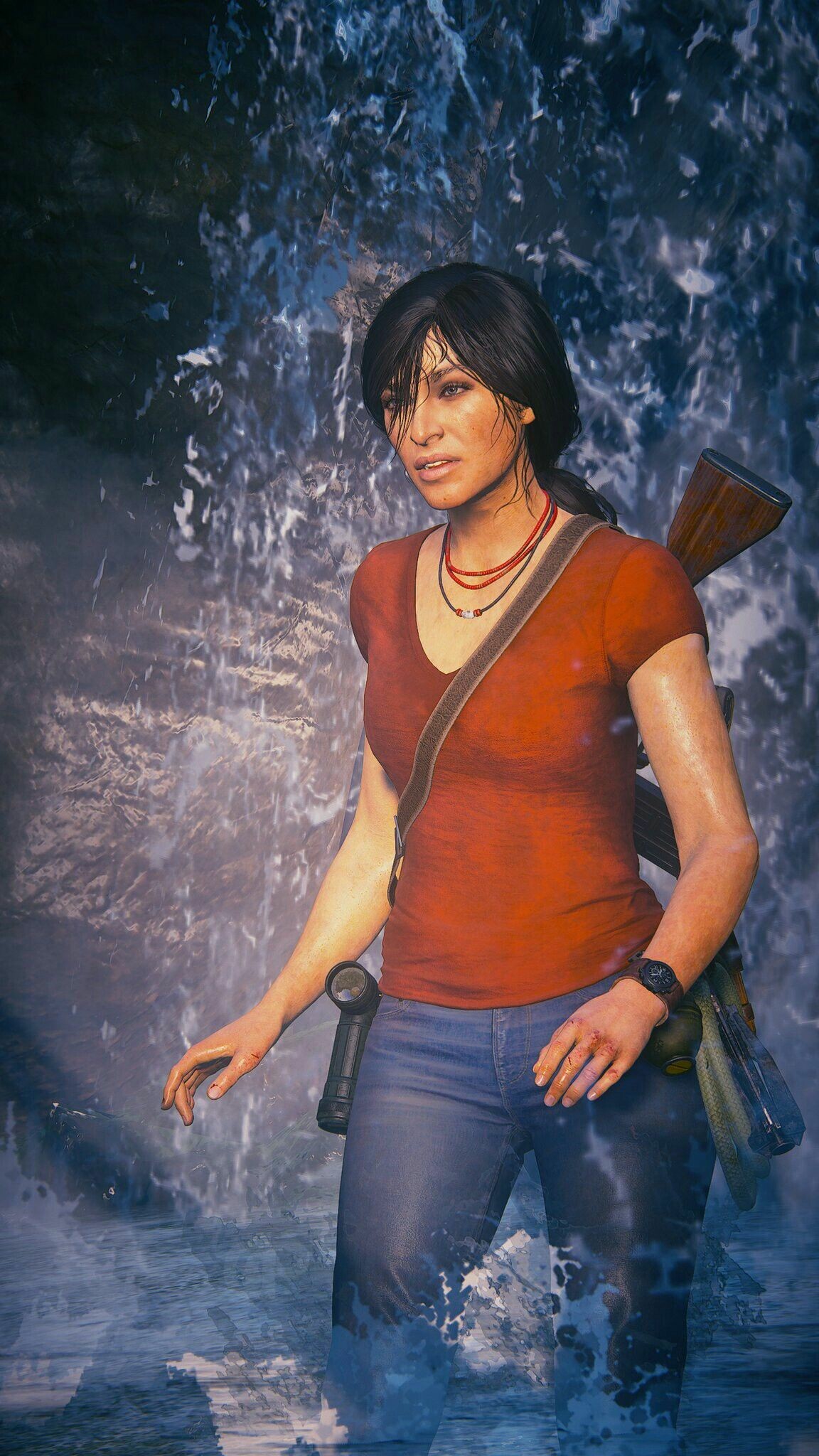 Chloe Frazer, Waterfall backdrop, Red henley shirt Chloe Frazer, Waterfall backdrop, Red henley shirt — 1152×2048 HD wallpaper