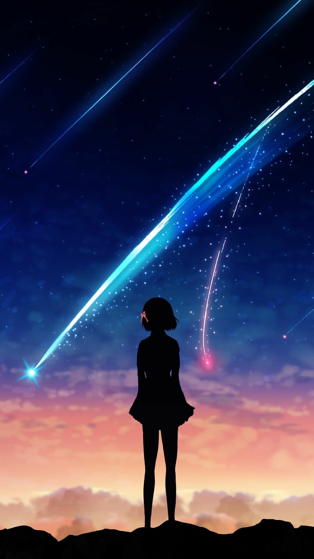 Mitsuha silhouette, Comet Tiamat streak, Meteor shower dusk — 1080×1920 HD wallpaper