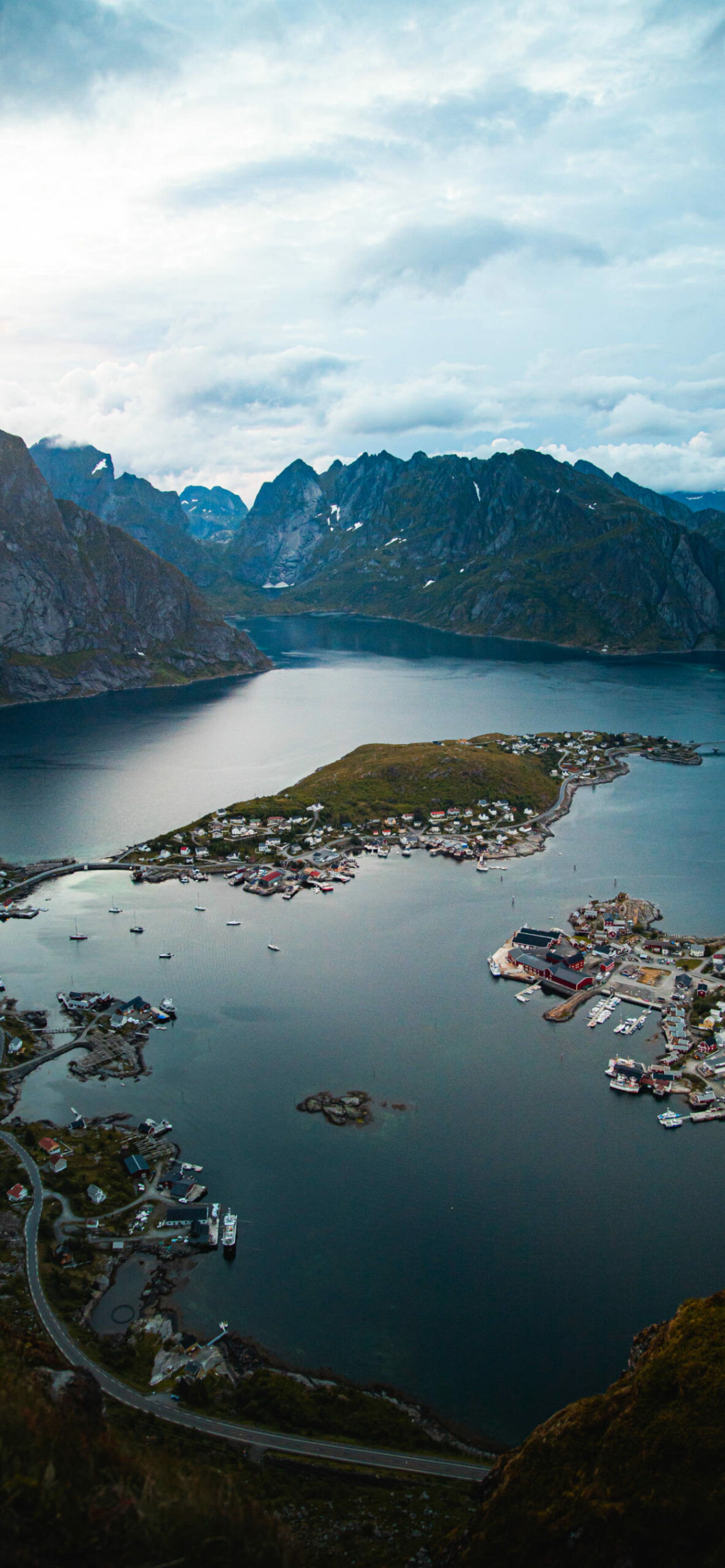 Reine Lofoten village, Norwegian fjord mountains, Aerial coastal view Reine Lofoten village, Norwegian fjord mountains, Aerial coastal view — 1183×2560 HD wallpaper