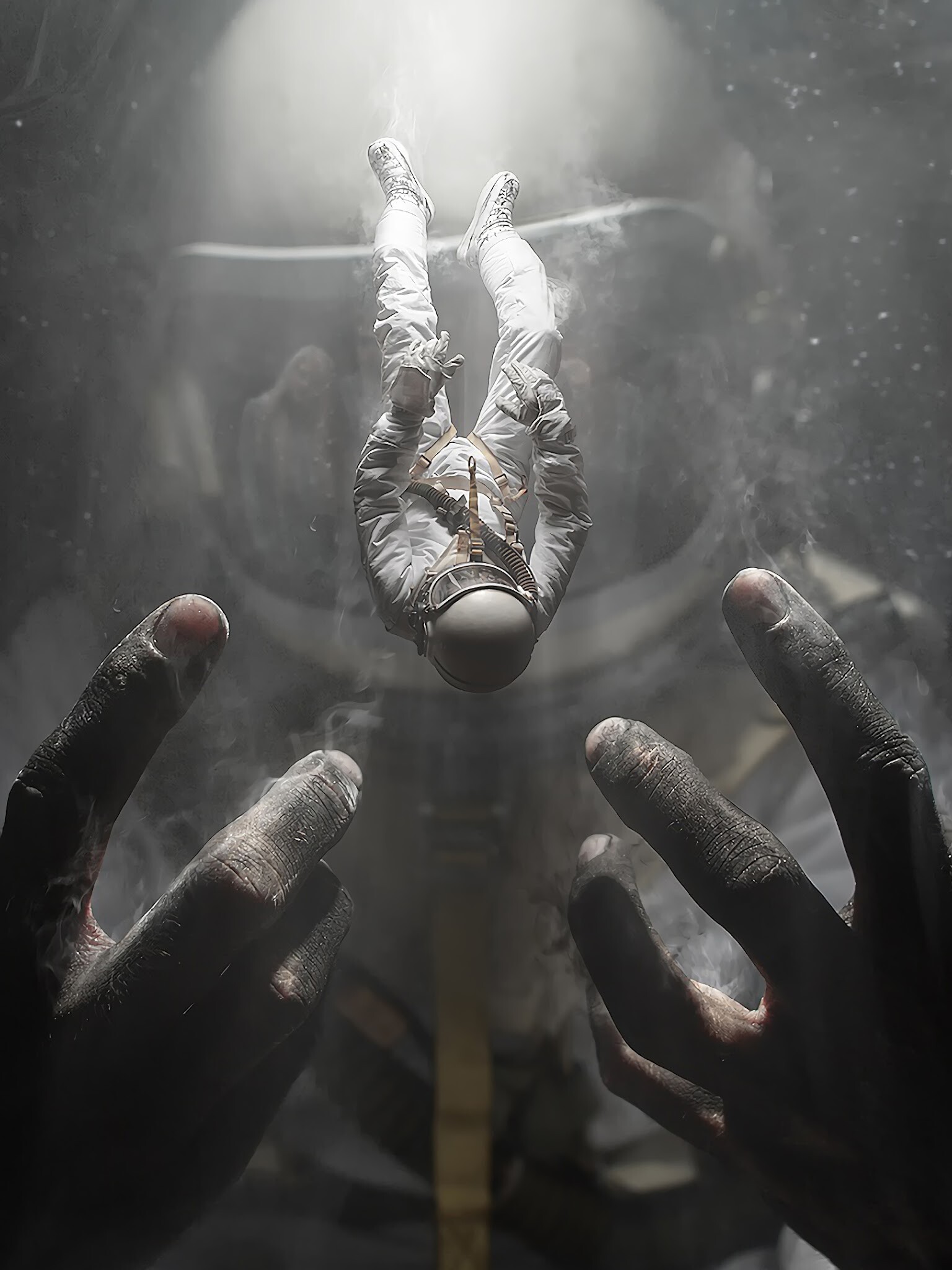 Falling astronaut, Giant dark hands, Misty light beam — 1536×2048 mobile wallpaper