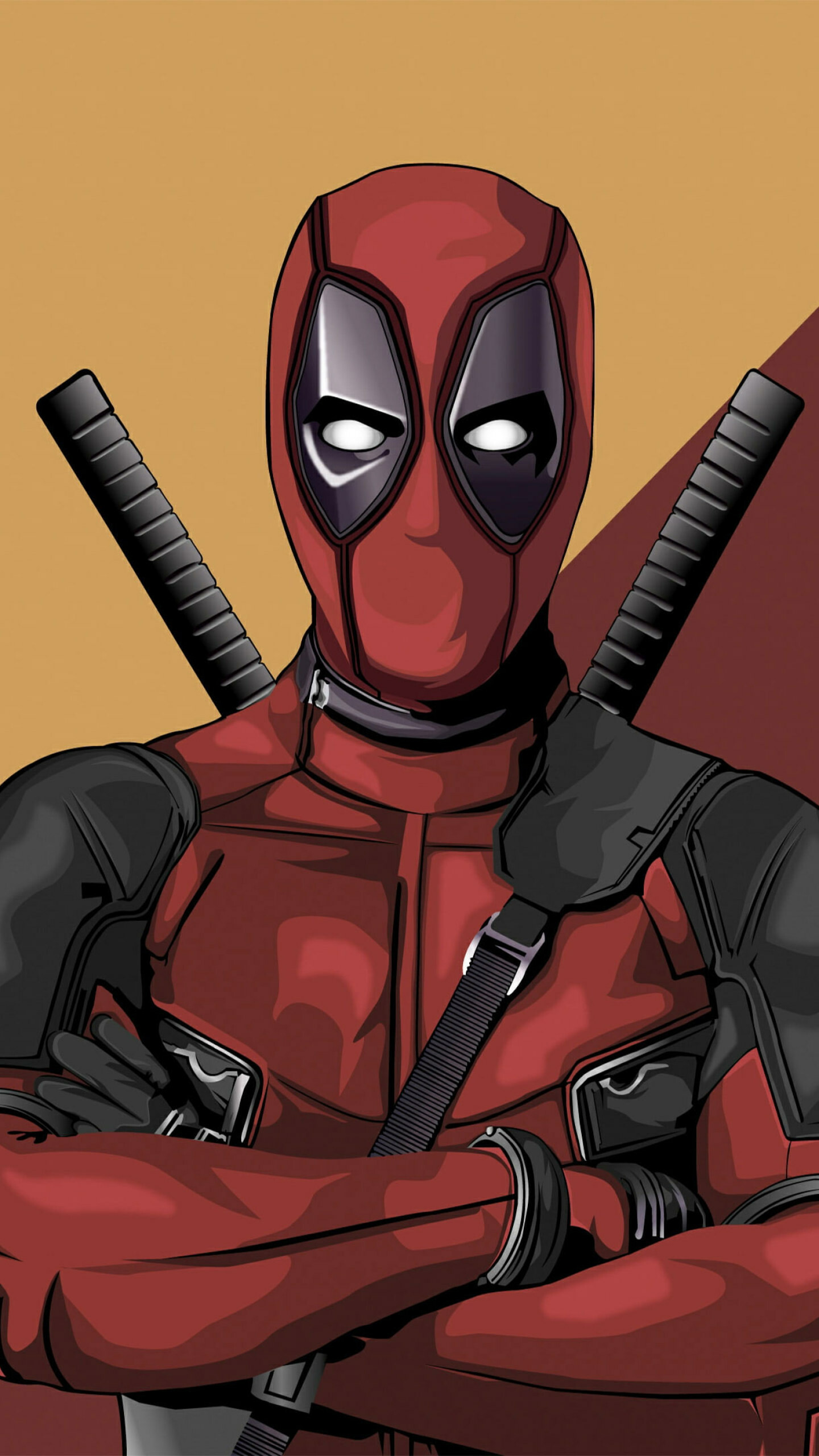Deadpool flat vector portrait, Folded arms close-up, Mustard-maroon split background Deadpool flat vector portrait, Folded arms close-up, Mustard-maroon split background — 1440×2560 HD wallpaper