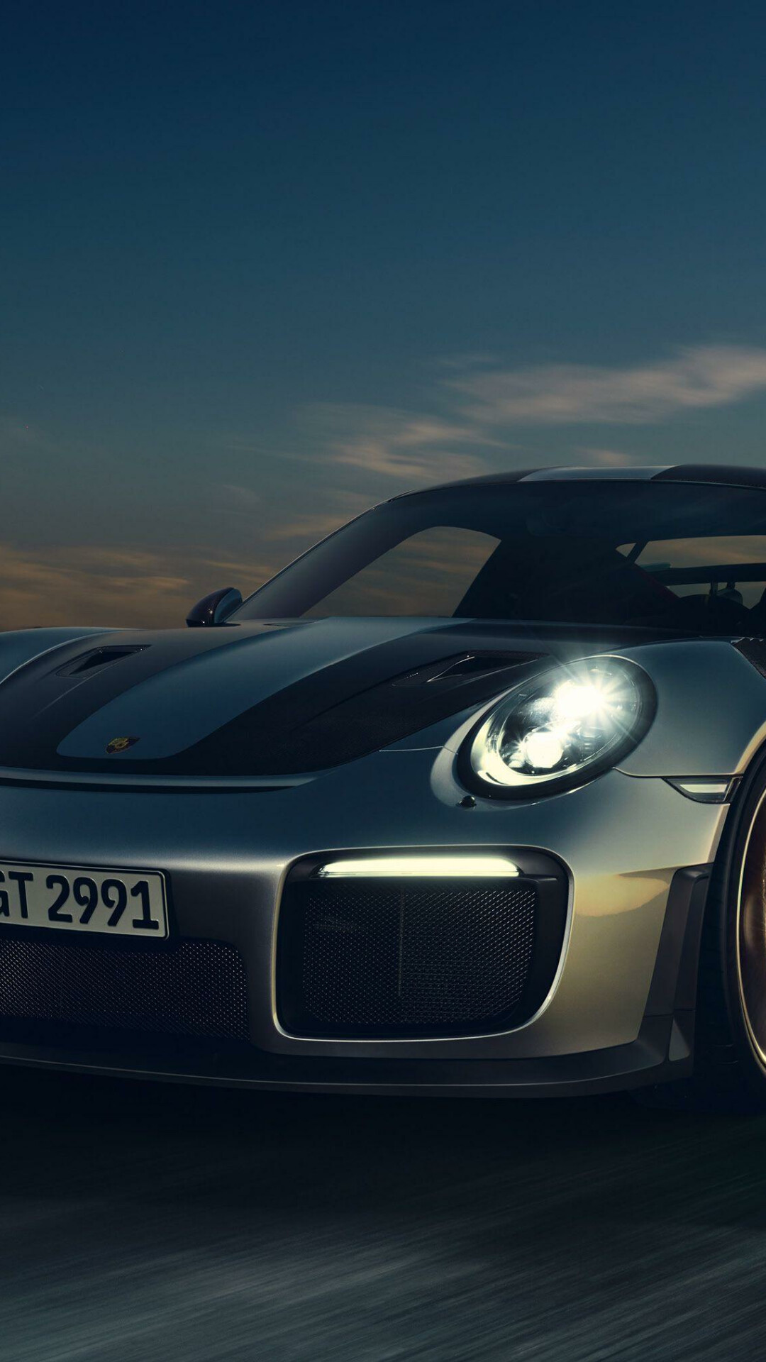911 GT2 RS, Silver carbon hood, Dusk sky headlights 911 GT2 RS, Silver carbon hood, Dusk sky headlights — 1080×1920 HD wallpaper