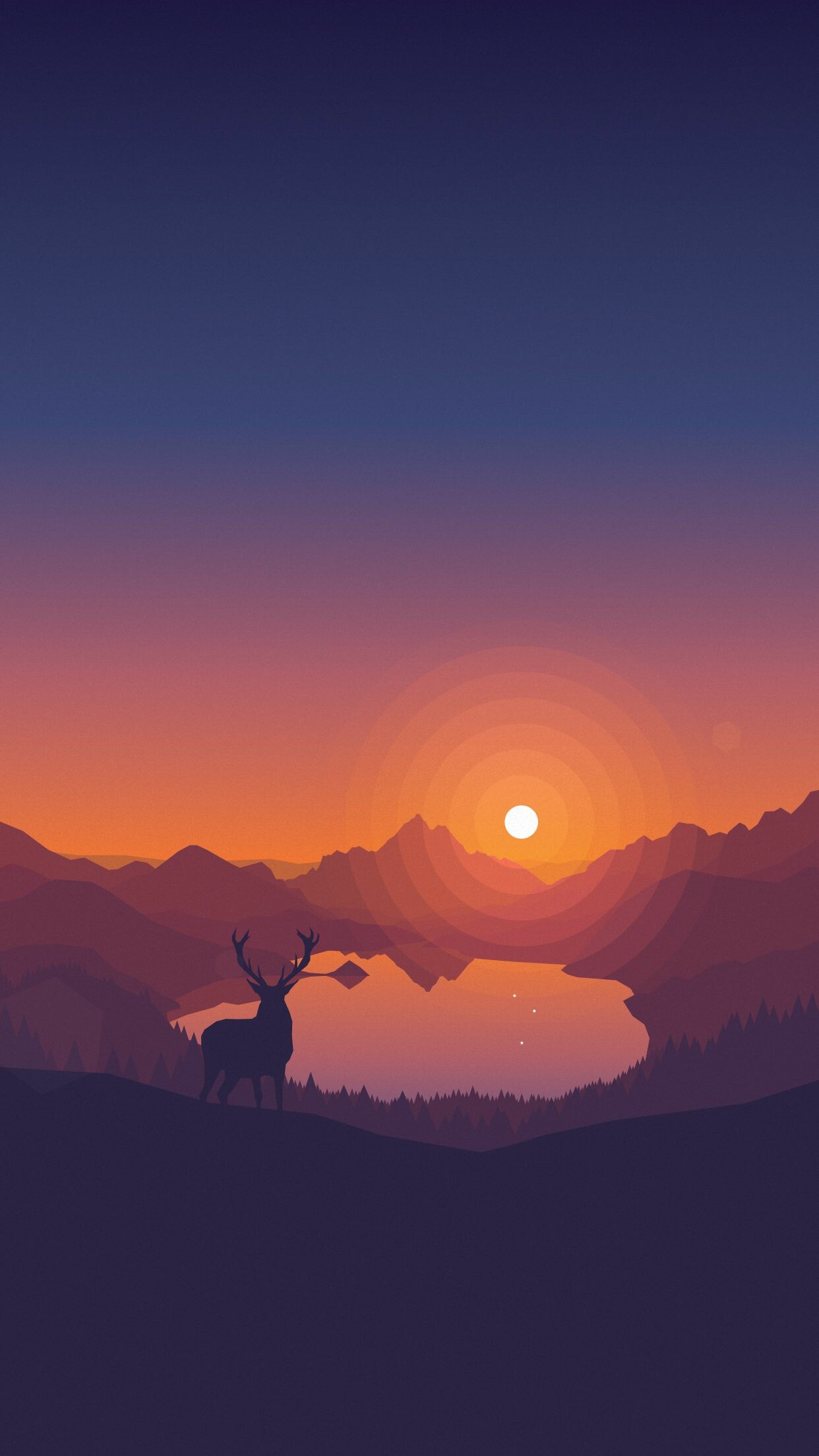 Stag deer silhouette, Minimalist mountain lake, Orange gradient sunset Stag deer silhouette, Minimalist mountain lake, Orange gradient sunset — 1242×2208 HD wallpaper