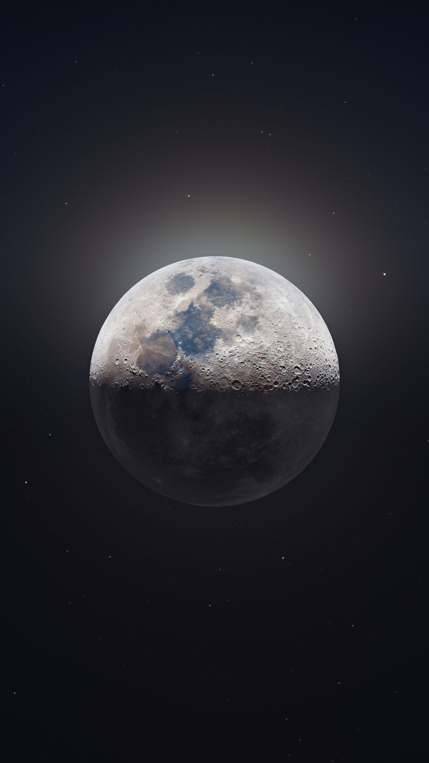 Half-lit moon, Cratered lunar surface, Glowing halo sky Half-lit moon, Cratered lunar surface, Glowing halo sky — 1440×2560 HD wallpaper