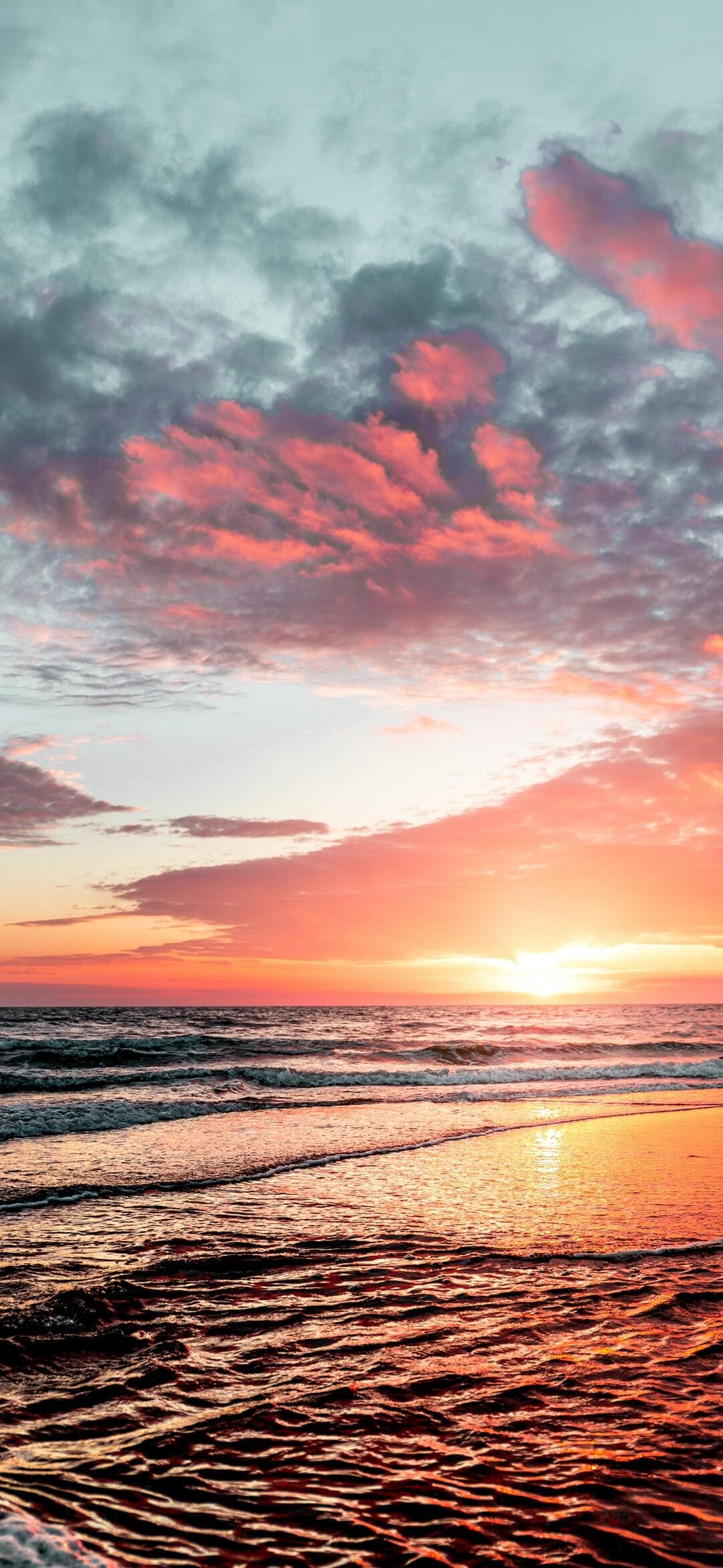 Pink clouds beach sunrise, Ocean waves shoreline, Wet sand reflection Pink clouds beach sunrise, Ocean waves shoreline, Wet sand reflection — 1080×2340 HD wallpaper