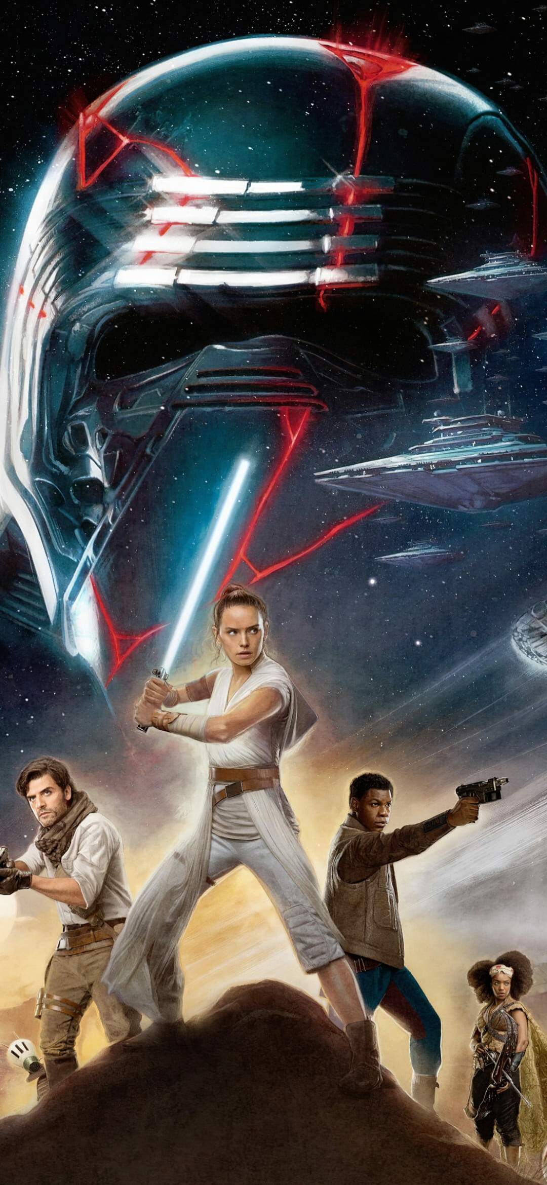 Rey blue lightsaber, Giant Kylo Ren helmet, Finn, Poe Dameron, Jannah, Millennium Falcon, Star Destroyer, The Rise of Skywalker Rey blue lightsaber, Giant Kylo Ren helmet, Finn, Poe Dameron, Jannah, Millennium Falcon, Star Destroyer, The Rise of Skywalker — 1080×2340 HD wallpaper