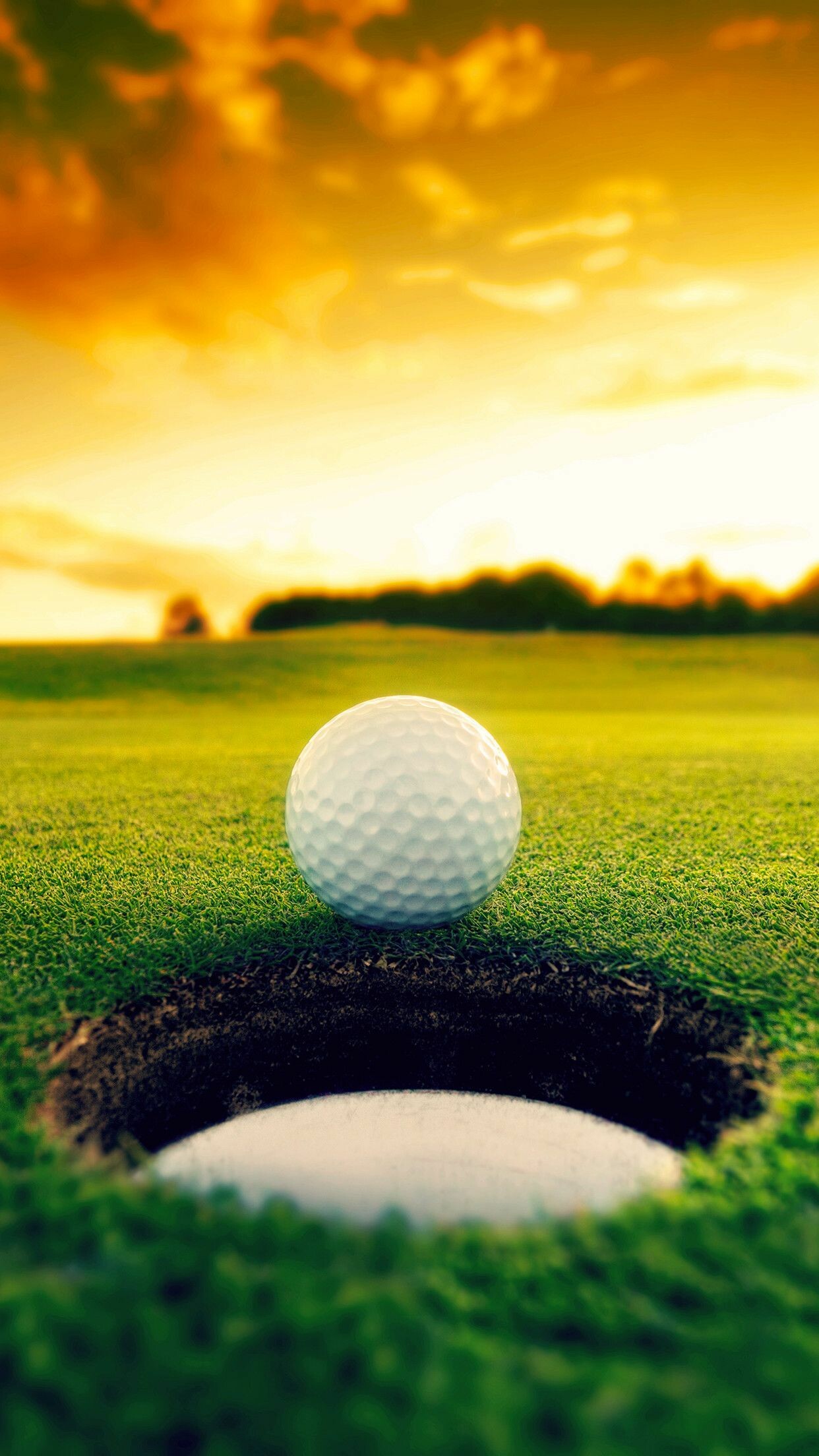 Golf ball near hole, Sunset golf course green, Orange cloudy sky Golf ball near hole, Sunset golf course green, Orange cloudy sky — 1242×2208 HD wallpaper