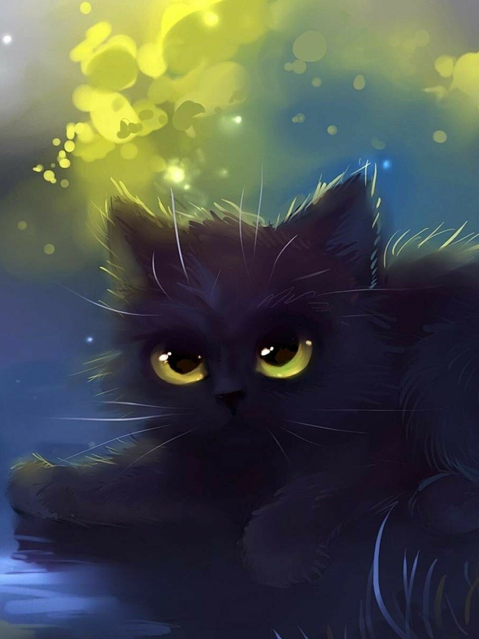 Black kitten digital painting, Big yellow eyes, Glowing firefly bokeh, Teal backdrop Black kitten digital painting, Big yellow eyes, Glowing firefly bokeh, Teal backdrop — 1536×2048 HD wallpaper