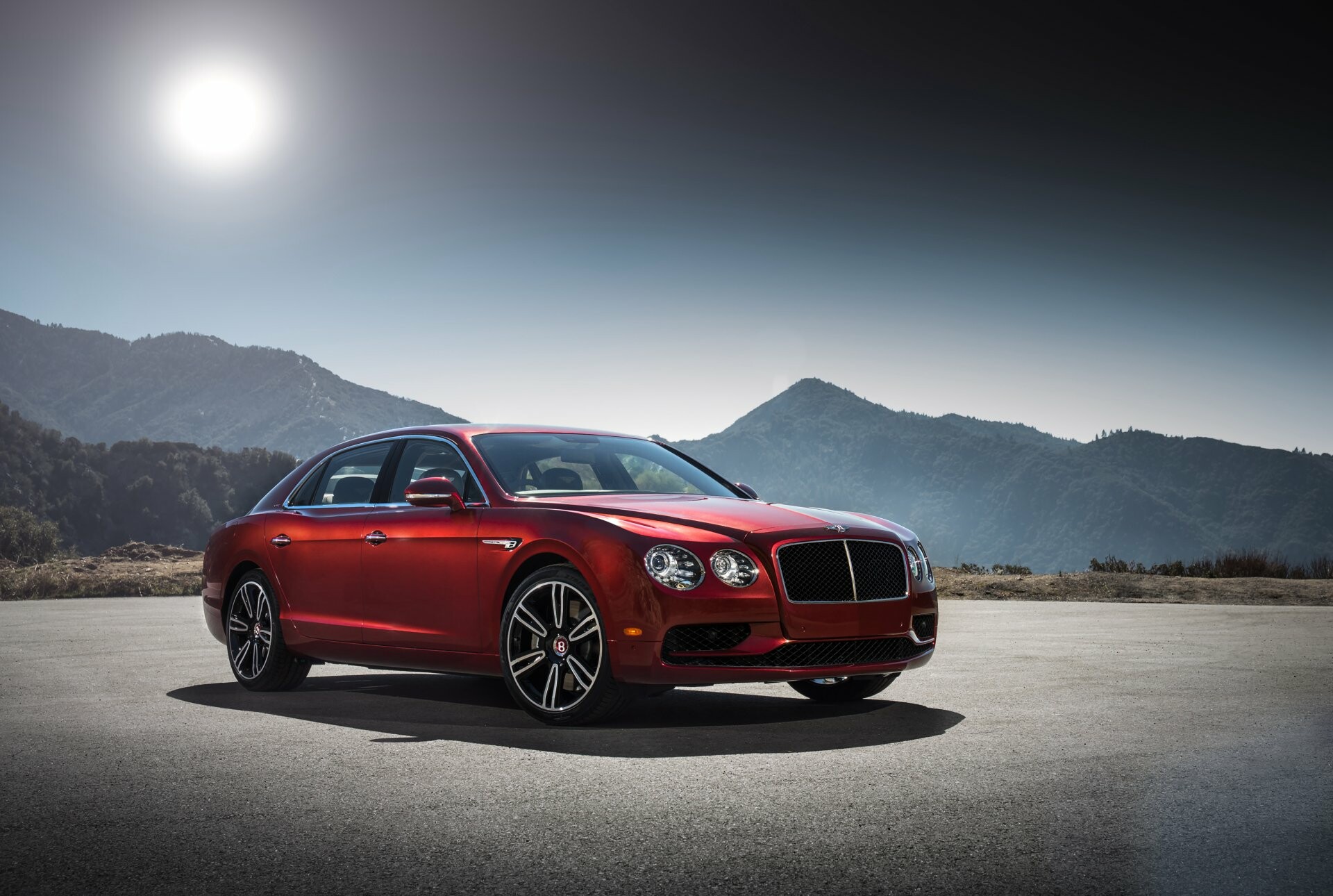 Bentley Flying Spur V8, Red luxury sedan, Mountain backdrop sunlight — 1920×1290 mobile wallpaper