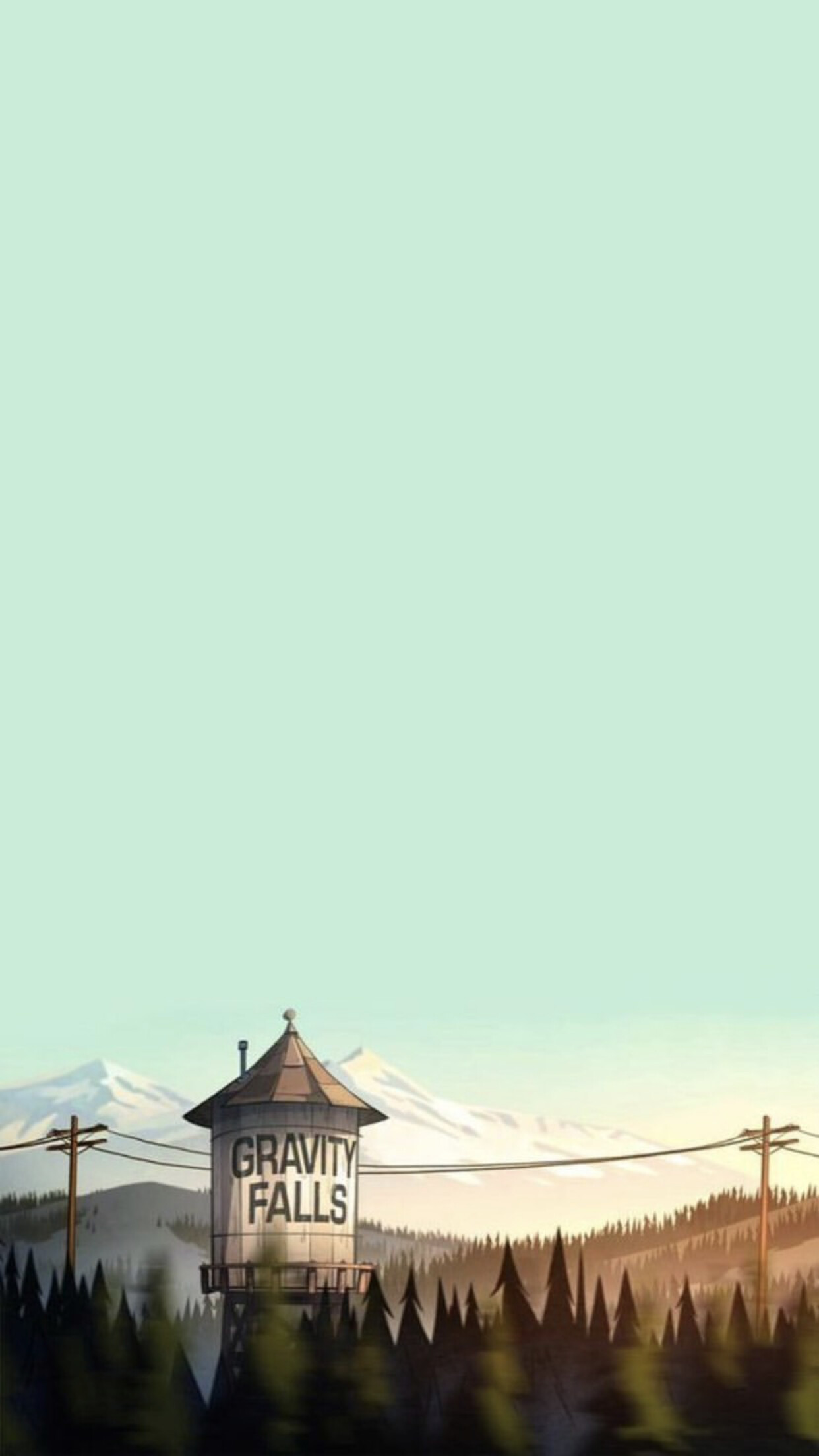Gravity Falls water tower, Snowy mountain backdrop, Pale mint sky Gravity Falls water tower, Snowy mountain backdrop, Pale mint sky — 1242×2208 HD wallpaper