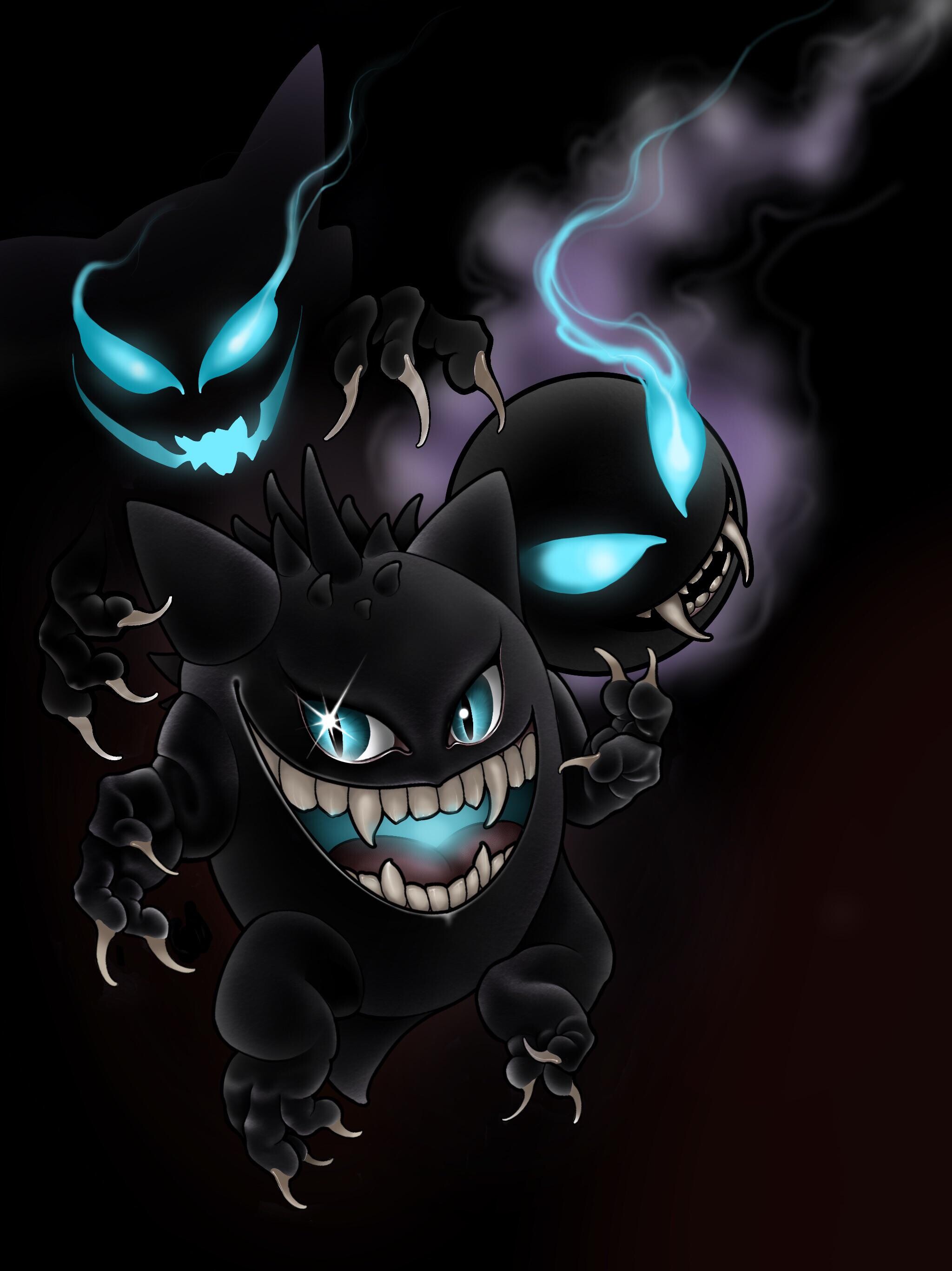 Gengar trio, Glowing teal eyes, Sharp fanged grin Gengar trio, Glowing teal eyes, Sharp fanged grin — 2048×2732 HD wallpaper