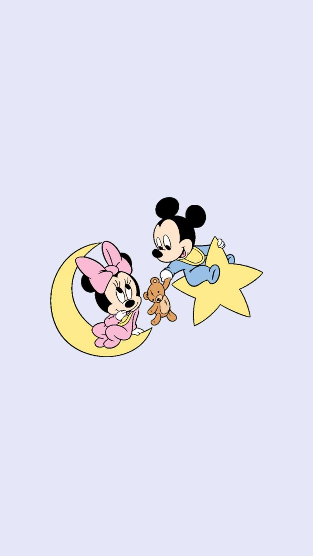 Baby Minnie Mouse, Baby Mickey Mouse, Crescent moon star, Pastel lilac background — 1080×1920 HD wallpaper