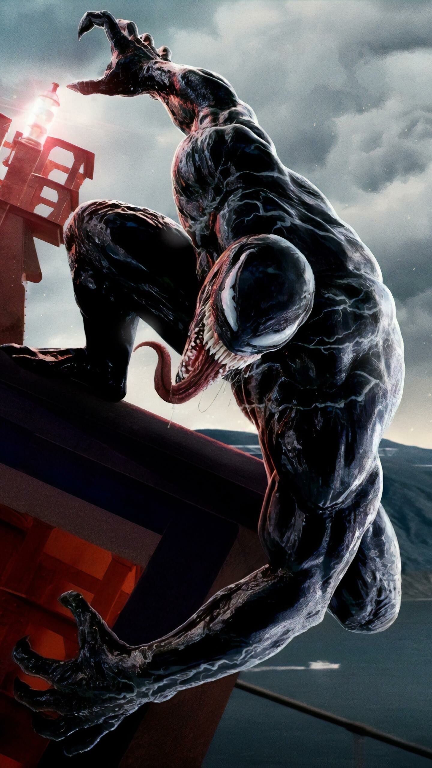 Venom symbiote, Crouching full-body creature, Red structure ocean backdrop Venom symbiote, Crouching full-body creature, Red structure ocean backdrop — 1440×2560 HD wallpaper
