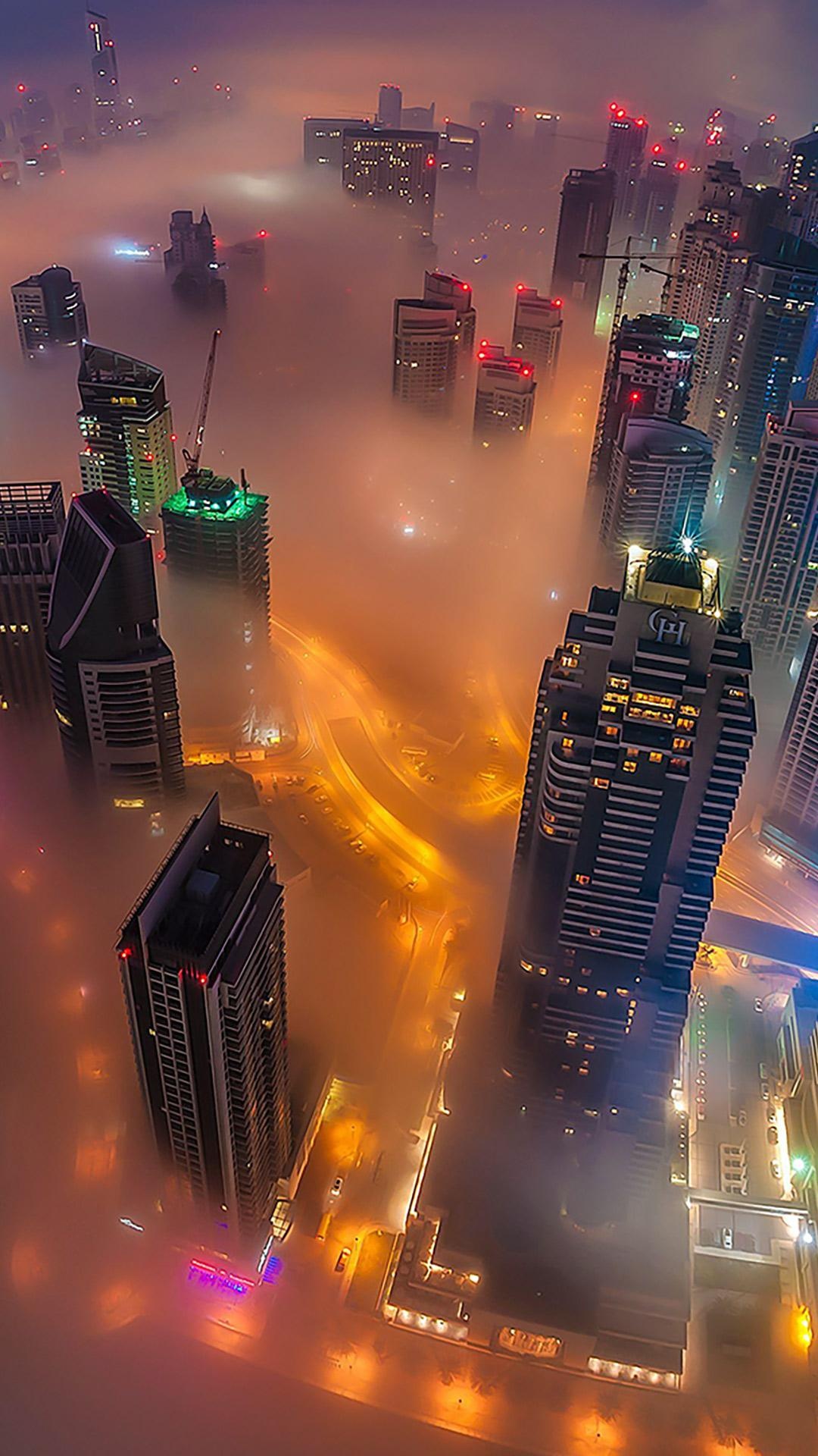 Dubai Marina fog night, Aerial rooftop view, Orange street glow Dubai Marina fog night, Aerial rooftop view, Orange street glow — 1080×1920 HD wallpaper