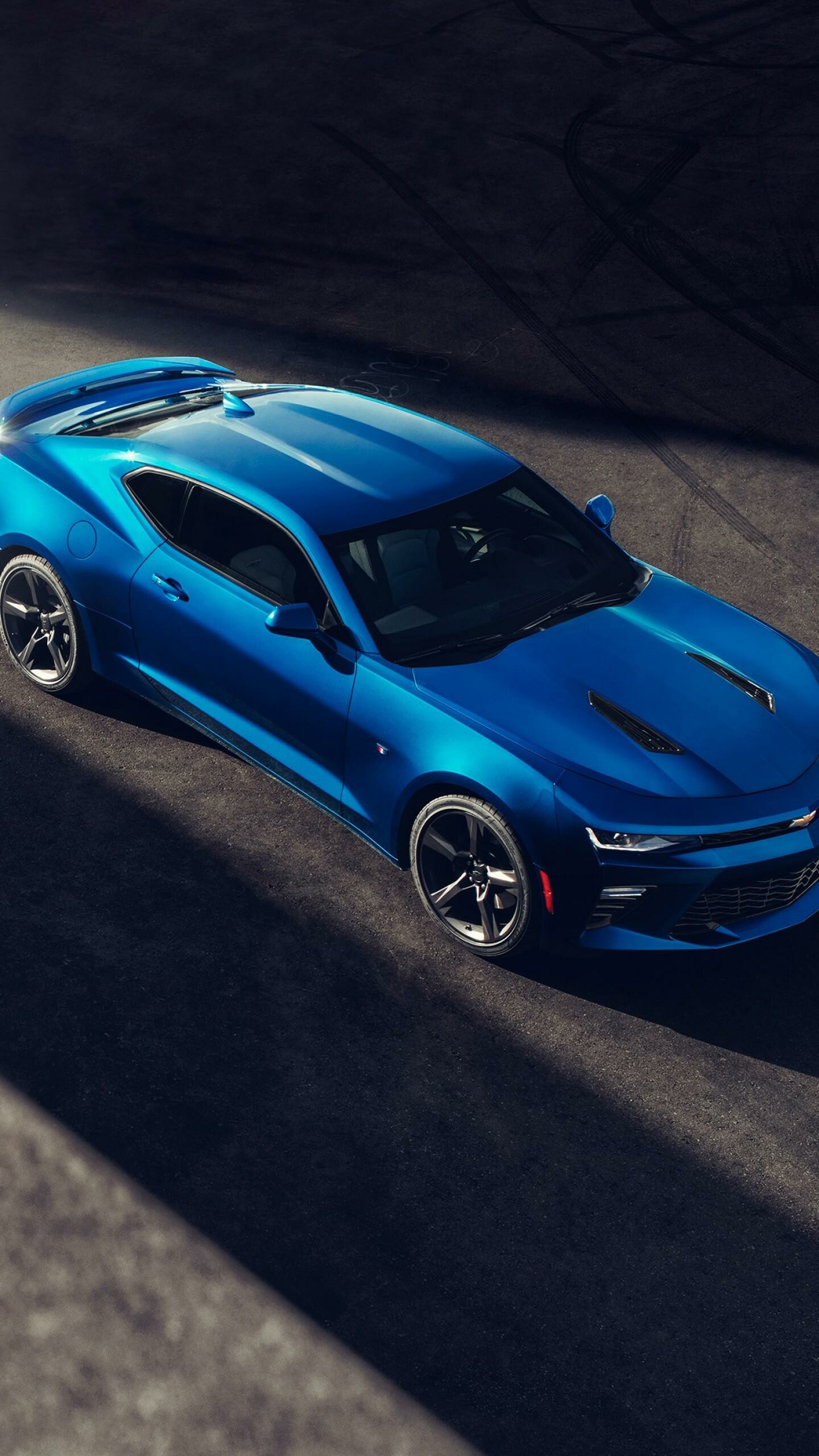Chevrolet Camaro SS, Blue muscle car, Overhead studio shot Chevrolet Camaro SS, Blue muscle car, Overhead studio shot — 1440×2560 HD wallpaper