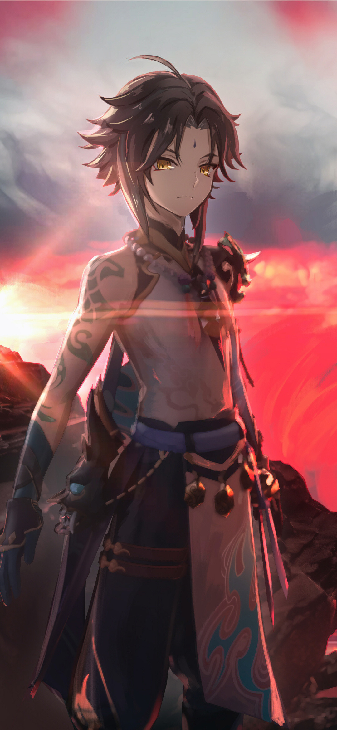 Zhongli shirtless form, Geo dragon tattoos, Crimson sunset sky Zhongli shirtless form, Geo dragon tattoos, Crimson sunset sky — 1080×2340 HD wallpaper