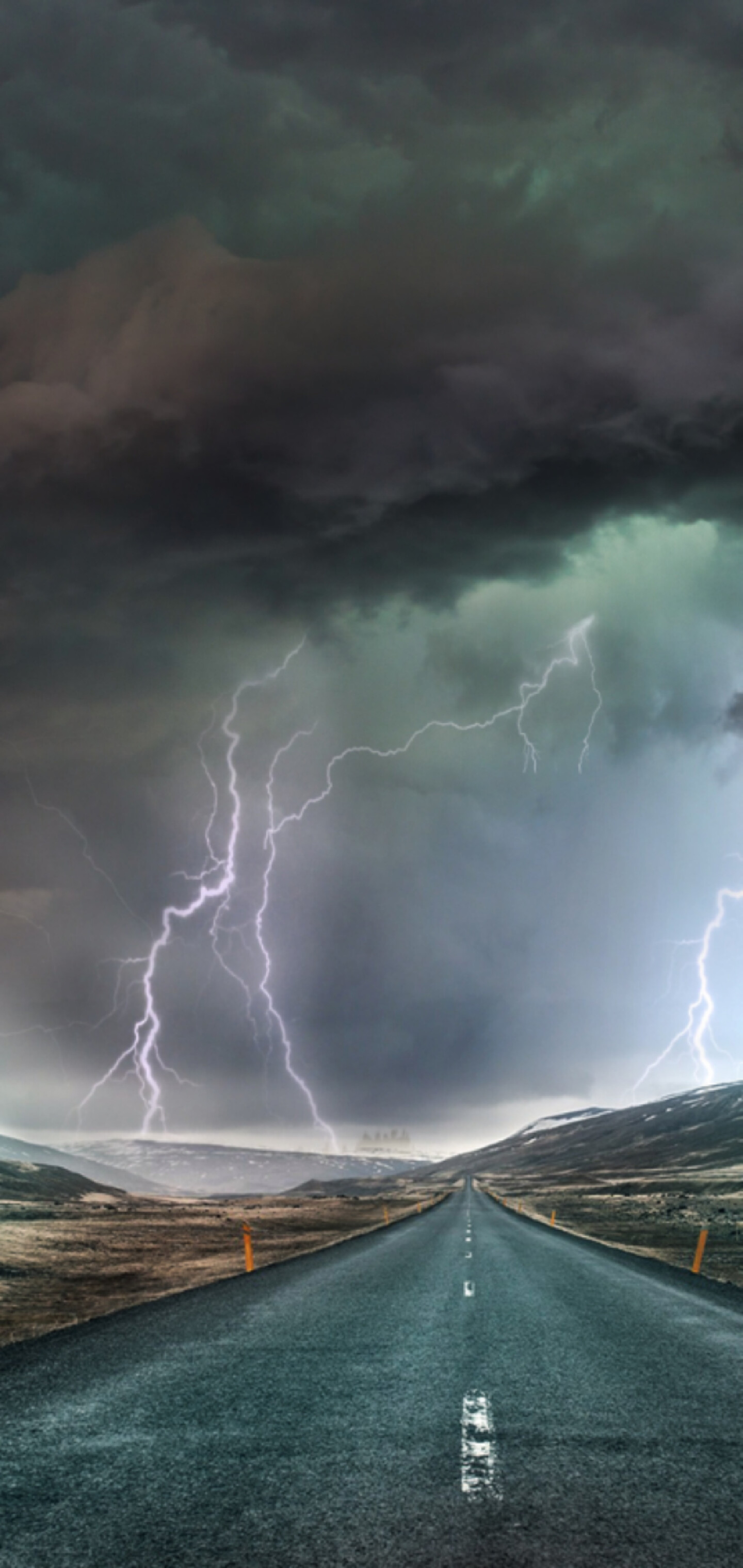 Purple lightning bolts, Empty desert highway, Dark storm clouds Purple lightning bolts, Empty desert highway, Dark storm clouds — 1440×3040 HD wallpaper