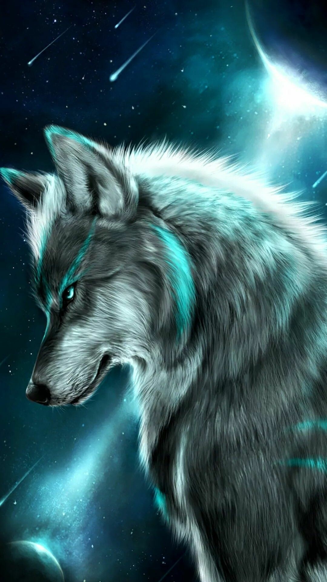 Cyan-marked mystical wolf, Crescent moon starry sky, Falling meteors — 1080×1920 HD wallpaper