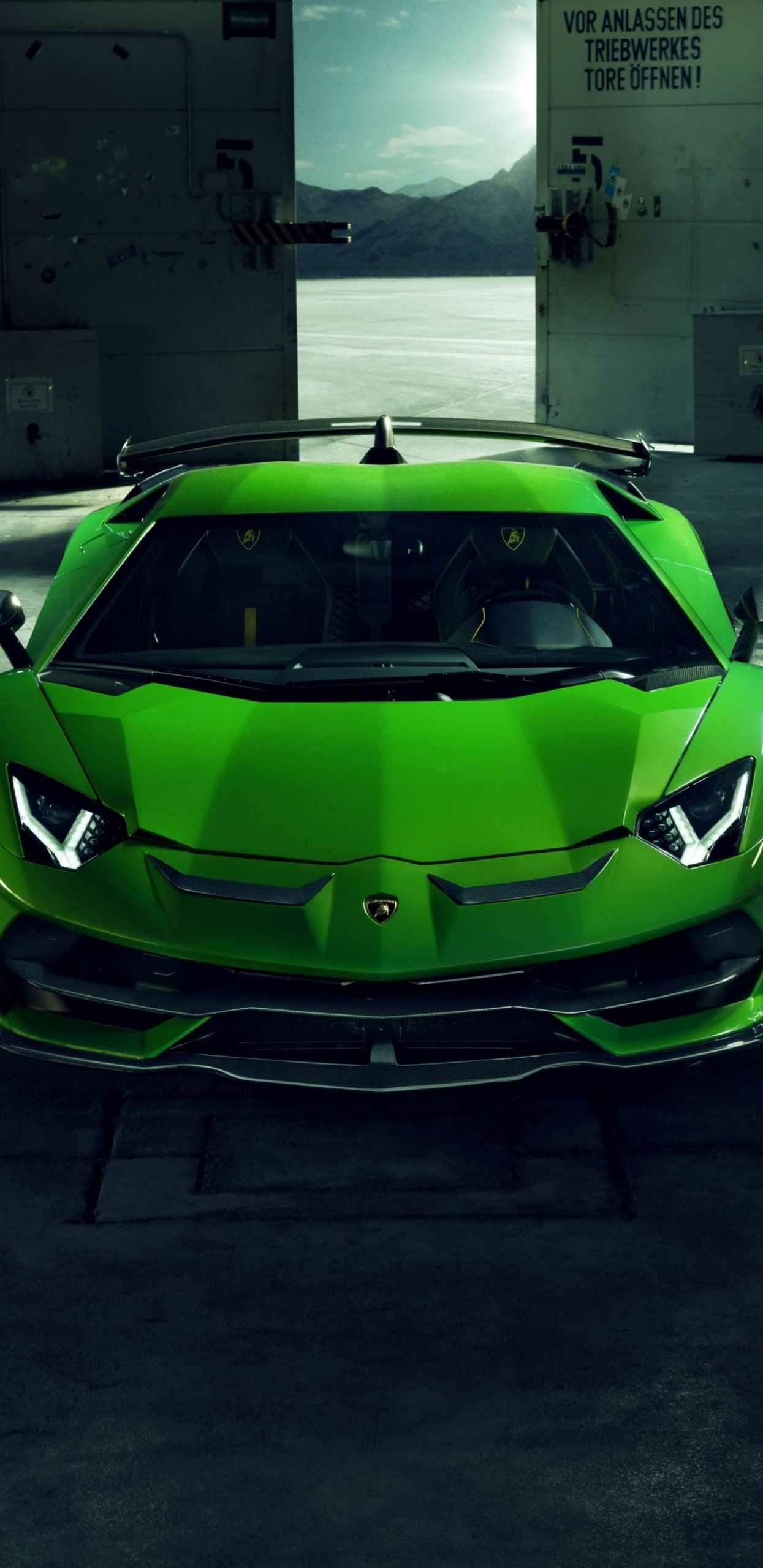 Green Aventador SVJ, Front view hangar doors, Y-shaped LED headlights Green Aventador SVJ, Front view hangar doors, Y-shaped LED headlights — 1245×2560 HD wallpaper
