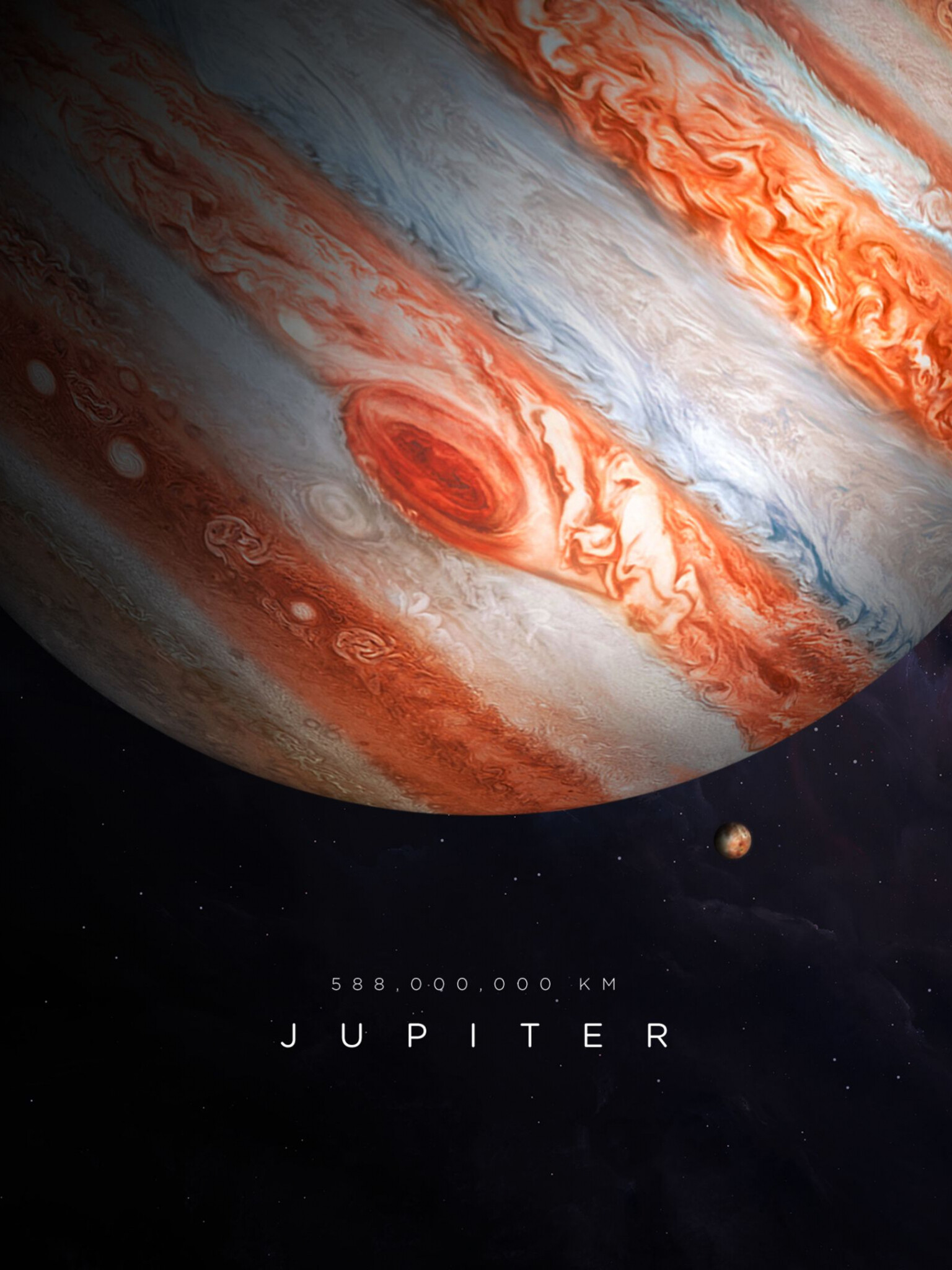 Jupiter planet, Great Red Spot, 588, 000, 000 KM distance, Distant moon — 1536×2048 HD wallpaper