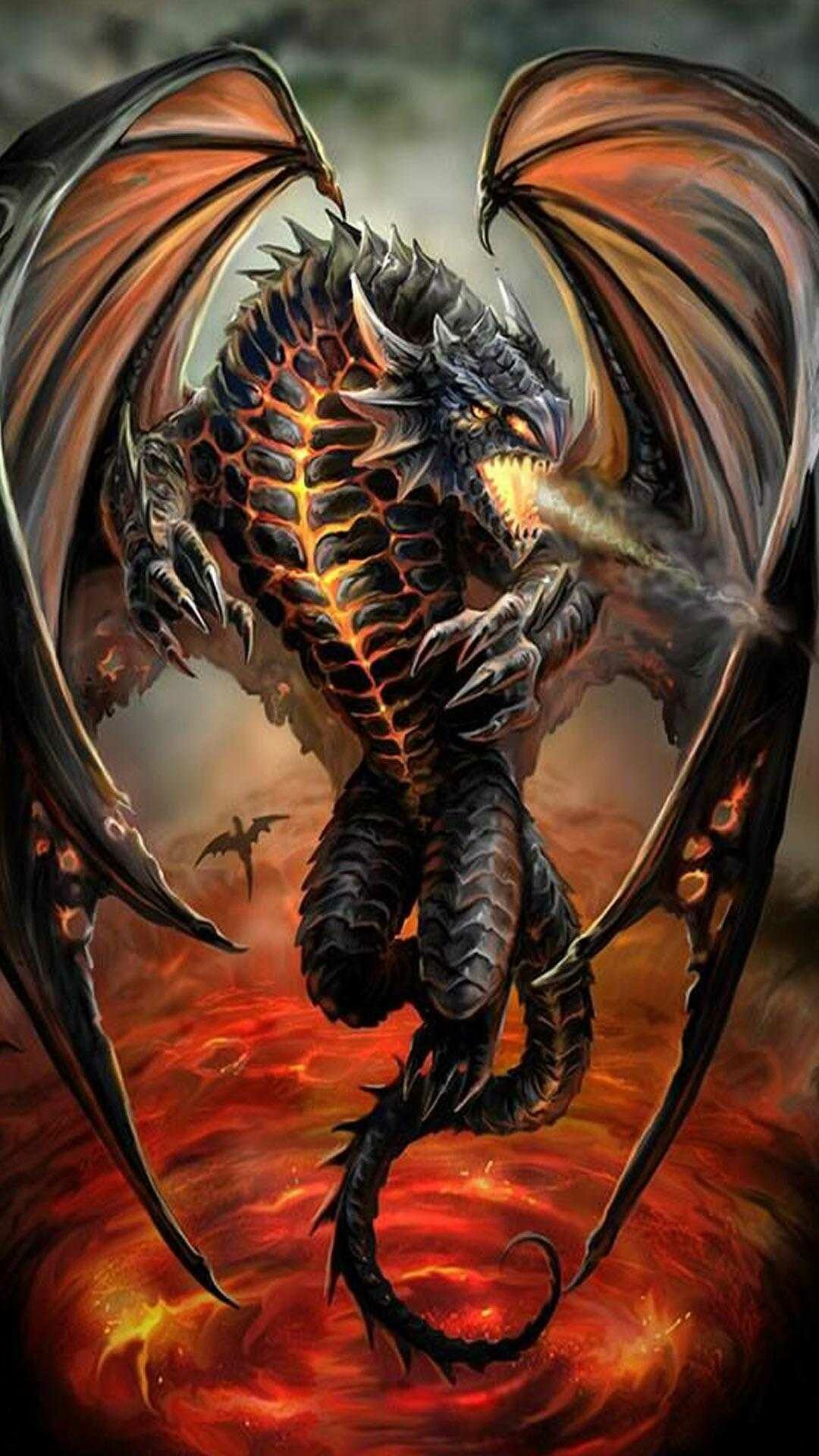 Fire-breathing black dragon, Molten lava vortex, Fiery orange glow Fire-breathing black dragon, Molten lava vortex, Fiery orange glow — 1080×1920 HD wallpaper