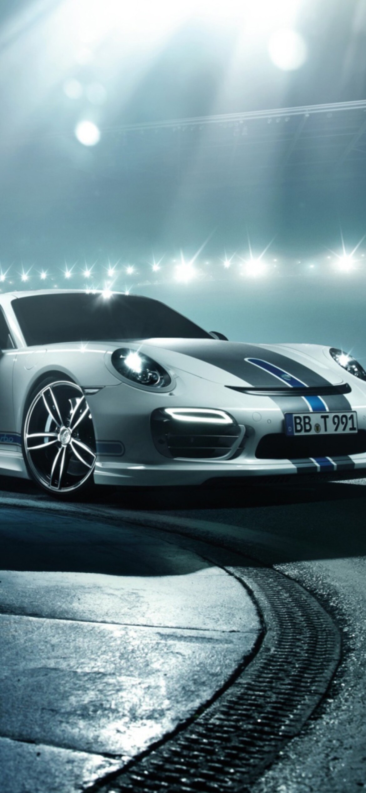 911 Turbo S, TechArt blue stripes, Stadium floodlights night — 1170×2532 HD wallpaper