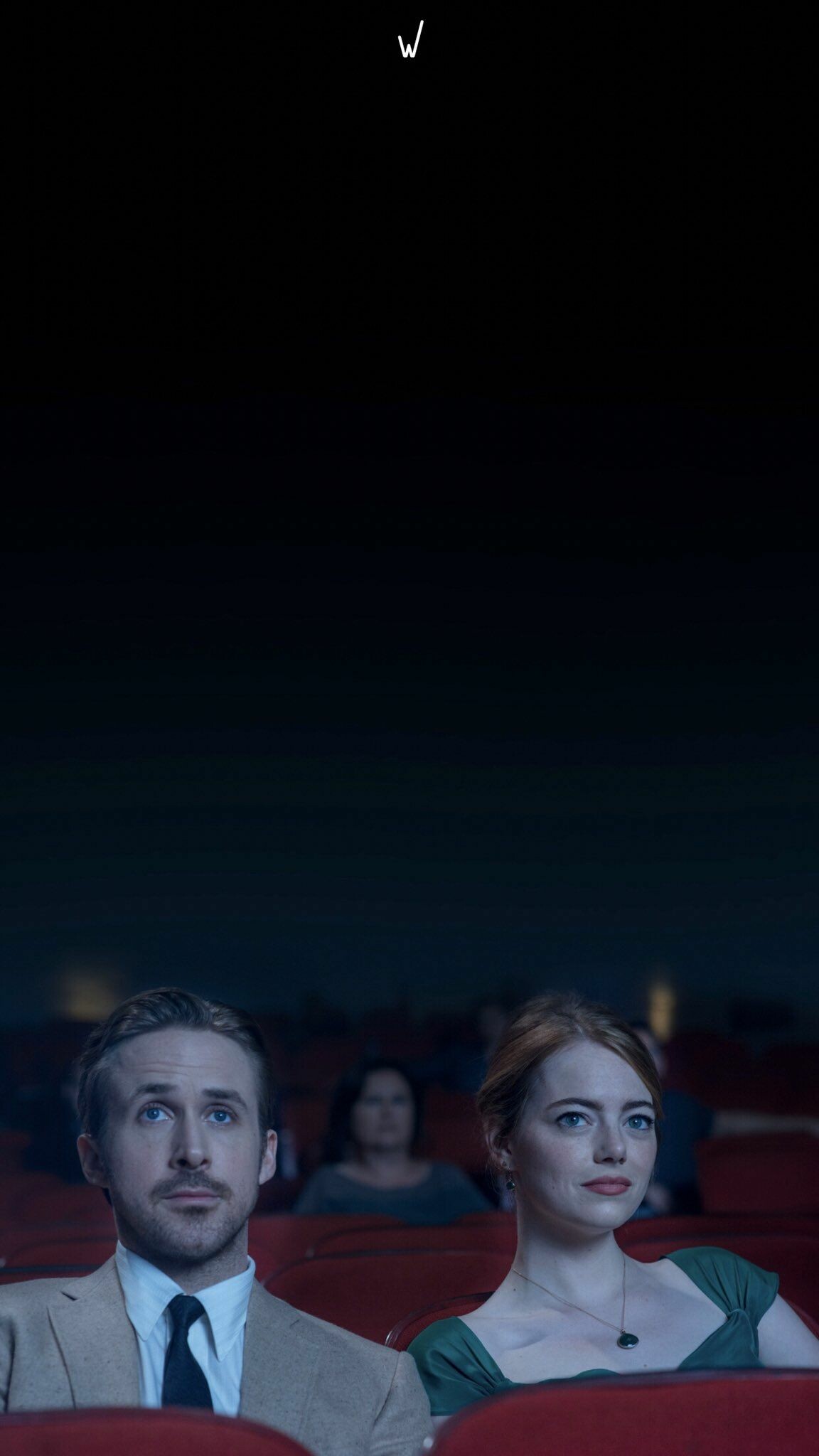 Ryan Gosling Emma Stone, Cinema theater seats, Green dress gray suit — 1152×2048 HD wallpaper