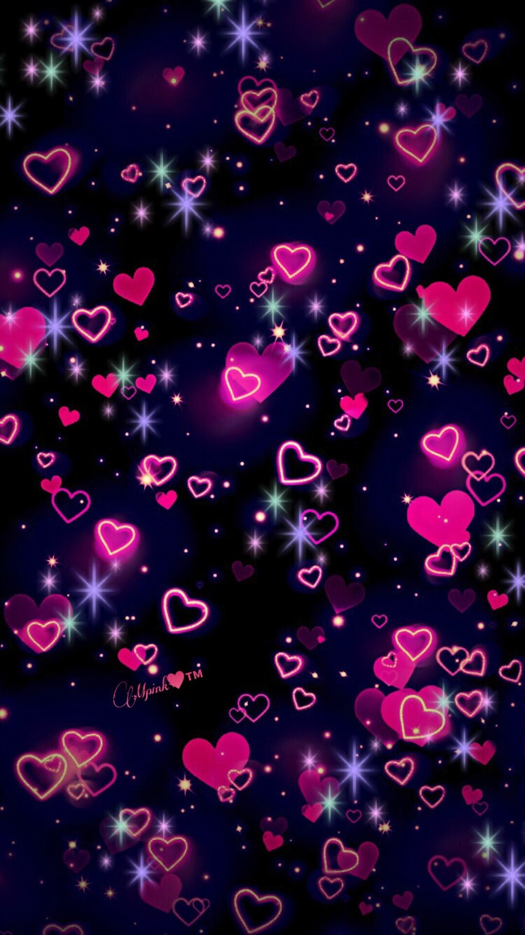 Pink neon hearts, Sparkle star bokeh, Dark purple backdrop Pink neon hearts, Sparkle star bokeh, Dark purple backdrop — 1080×1920 HD wallpaper