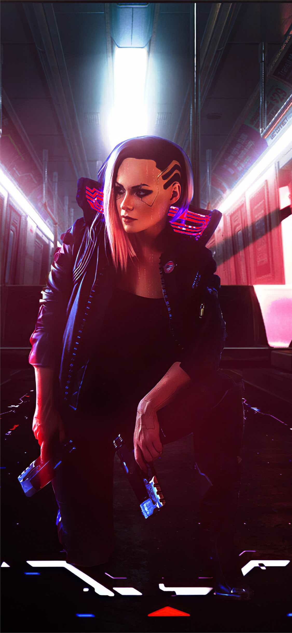 Female V crouching, Metro train interior, Facial circuitry tattoo Female V crouching, Metro train interior, Facial circuitry tattoo — 1125×2436 HD wallpaper