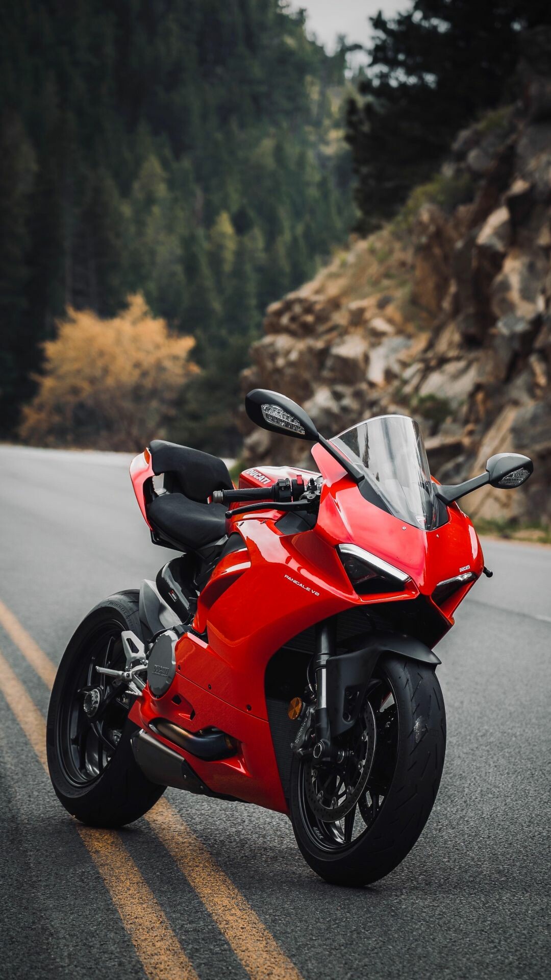 Ducati Panigale V2, Mountain forest road, Red sportbike Ducati Panigale V2, Mountain forest road, Red sportbike — 1080×1920 HD wallpaper