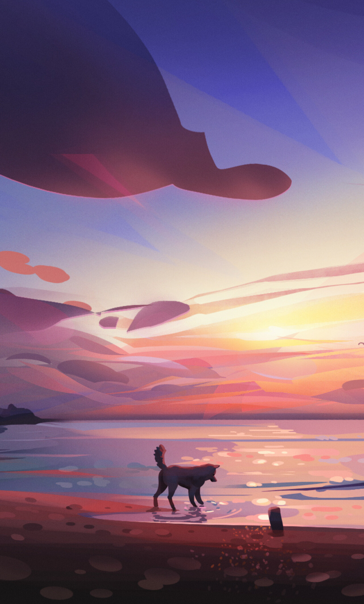Dog on beach, Sunset flat art, Purple pink sky Dog on beach, Sunset flat art, Purple pink sky — 1280×2120 HD wallpaper