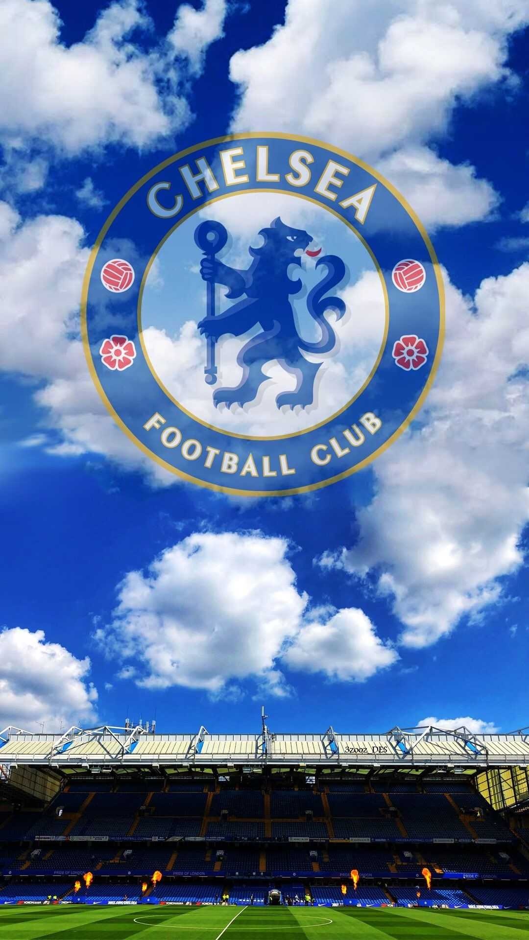 Chelsea FC crest, Stamford Bridge stadium, Blue sky clouds Chelsea FC crest, Stamford Bridge stadium, Blue sky clouds — 1080×1920 HD wallpaper