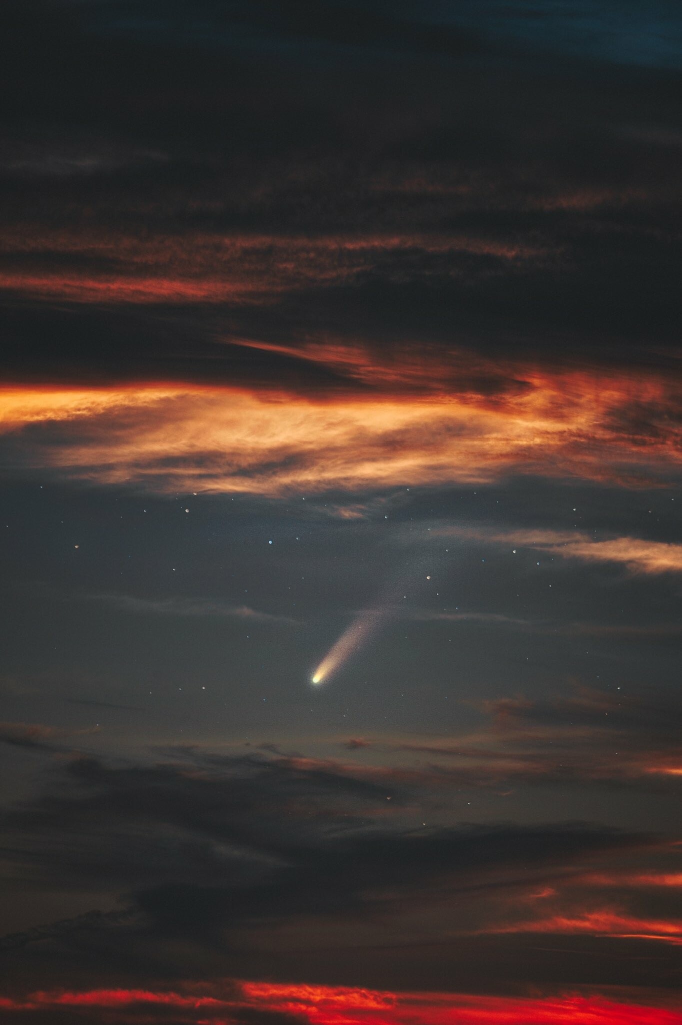 Comet NEOWISE tail, Orange twilight clouds, Starry dusk sky Comet NEOWISE tail, Orange twilight clouds, Starry dusk sky — 1364×2048 HD wallpaper
