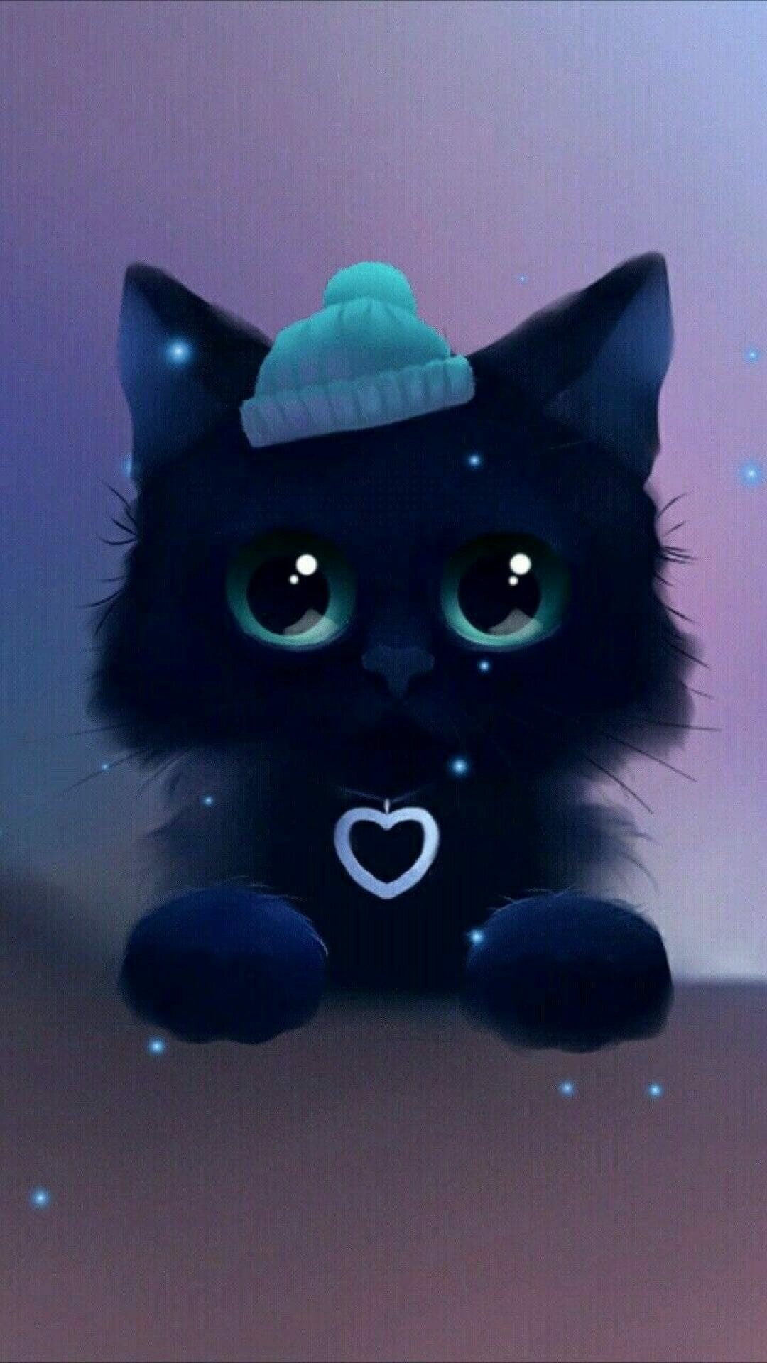 Kawaii black kitten, Mint knit beanie, Heart pendant necklace, Purple glow Kawaii black kitten, Mint knit beanie, Heart pendant necklace, Purple glow — 1080×1920 HD wallpaper