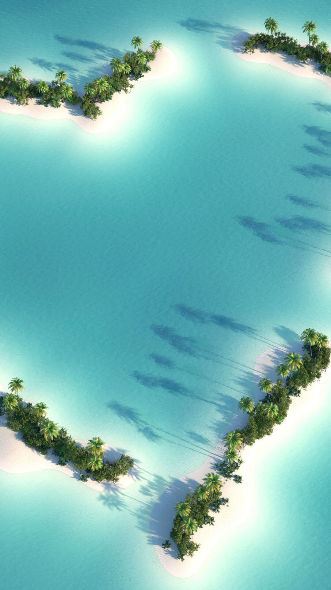Heart-shaped tropical atoll, Aerial palm-fringed islets, Turquoise lagoon water — 1080×1920 HD wallpaper