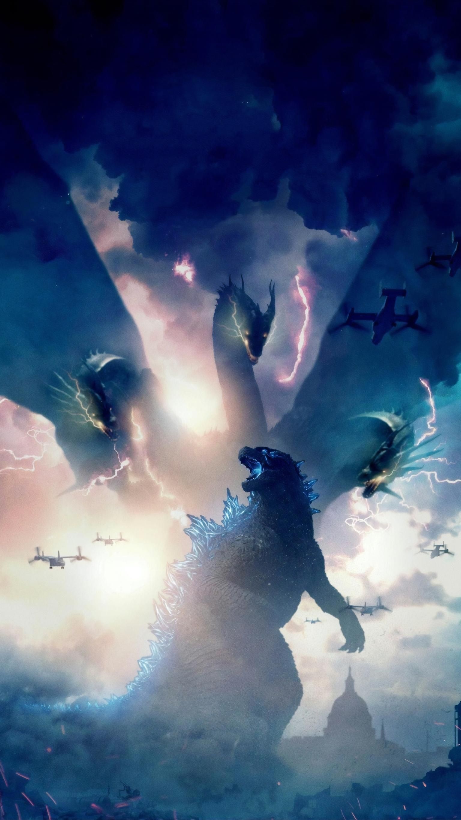 Godzilla roaring, King Ghidorah, V-22 Osprey, US Capitol silhouette Godzilla roaring, King Ghidorah, V-22 Osprey, US Capitol silhouette — 1536×2732 HD wallpaper