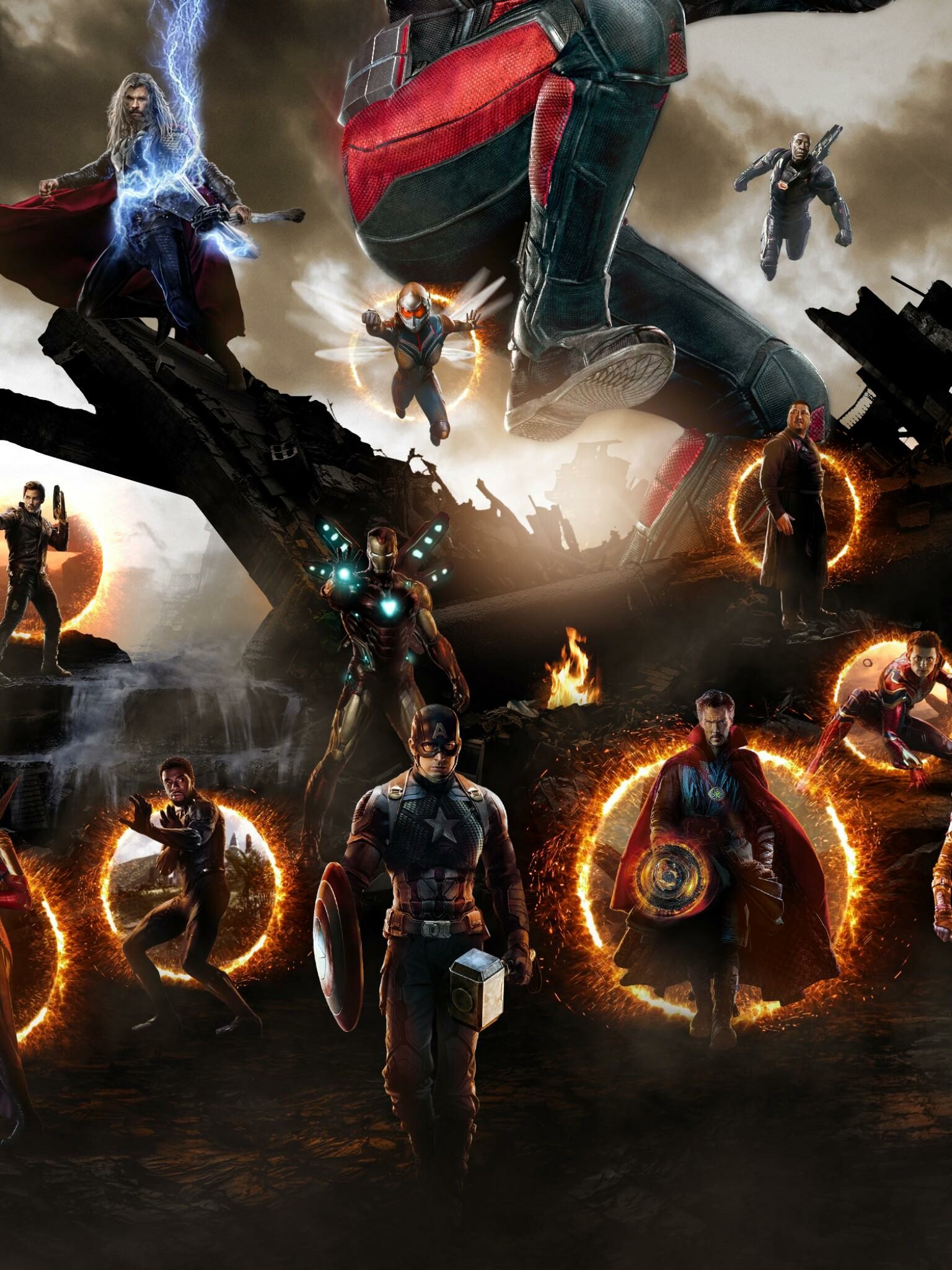 Captain America wielding Mjolnir, Doctor Strange portals, Ant-Man giant form Captain America wielding Mjolnir, Doctor Strange portals, Ant-Man giant form — 1536×2048 HD wallpaper